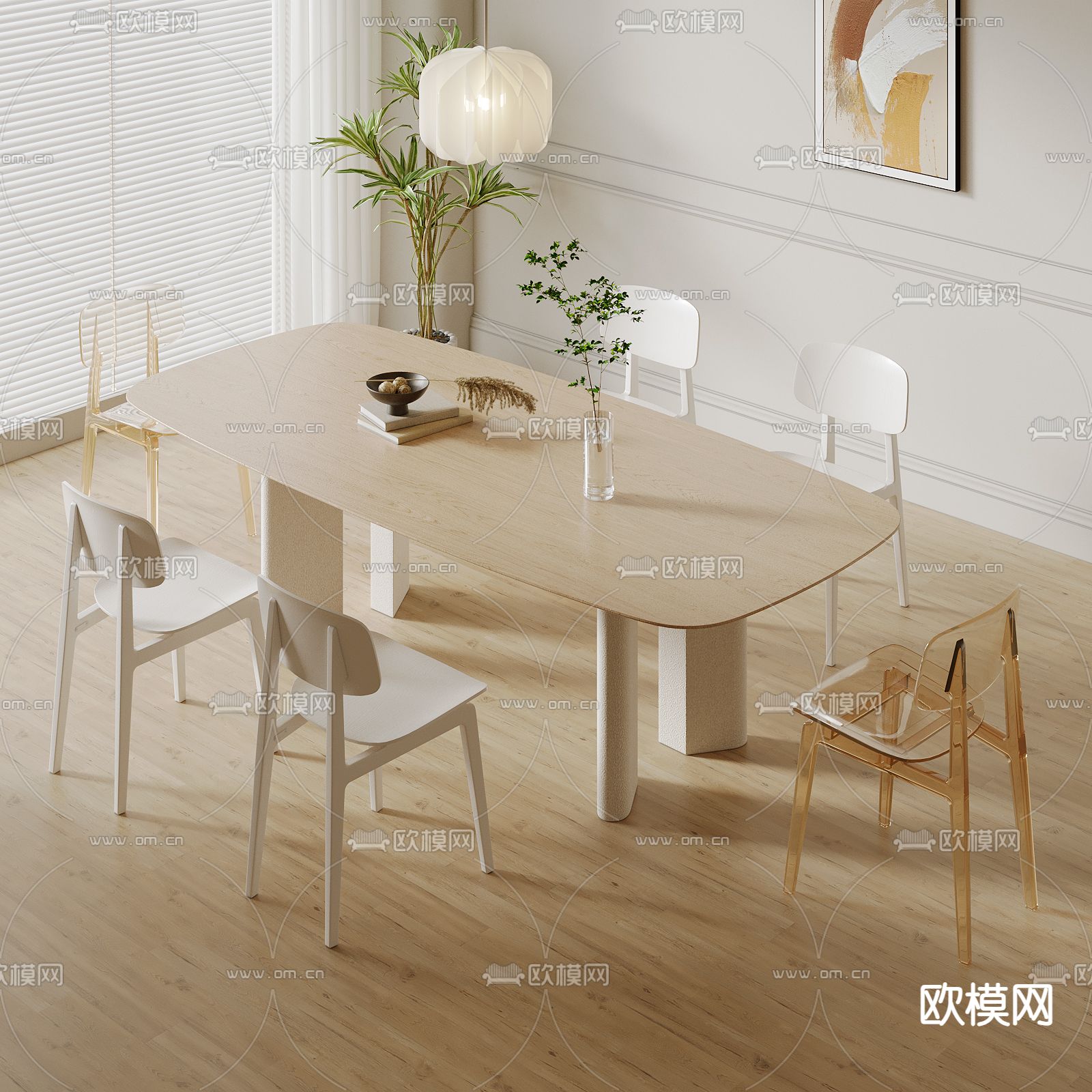 奶油风餐桌椅 条形餐桌3d模型下载