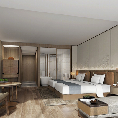  新中式酒店双床客房su模型 