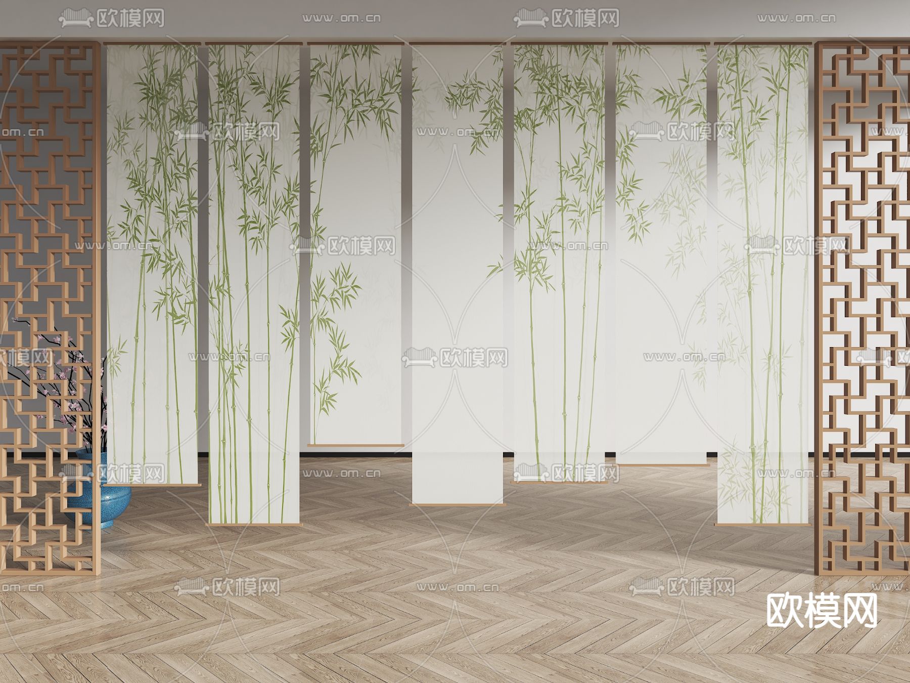 新中式窗帘 竹子纱帘 水墨门帘3d模型下载