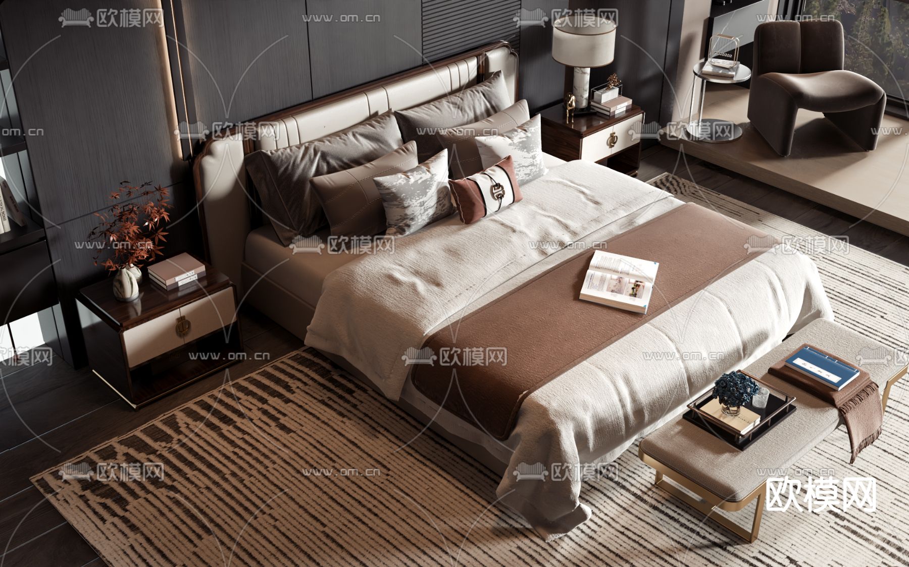 新中式双人床3d模型下载