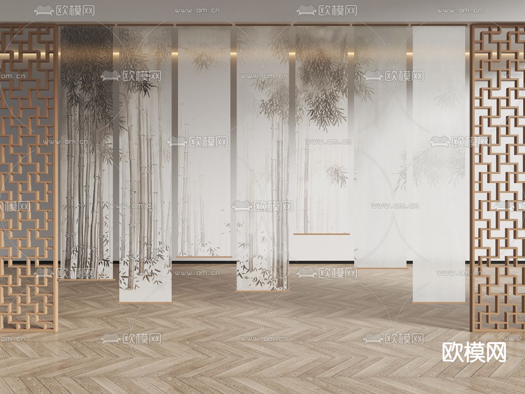 新中式窗帘 竹子纱帘 水墨门帘3d模型下载