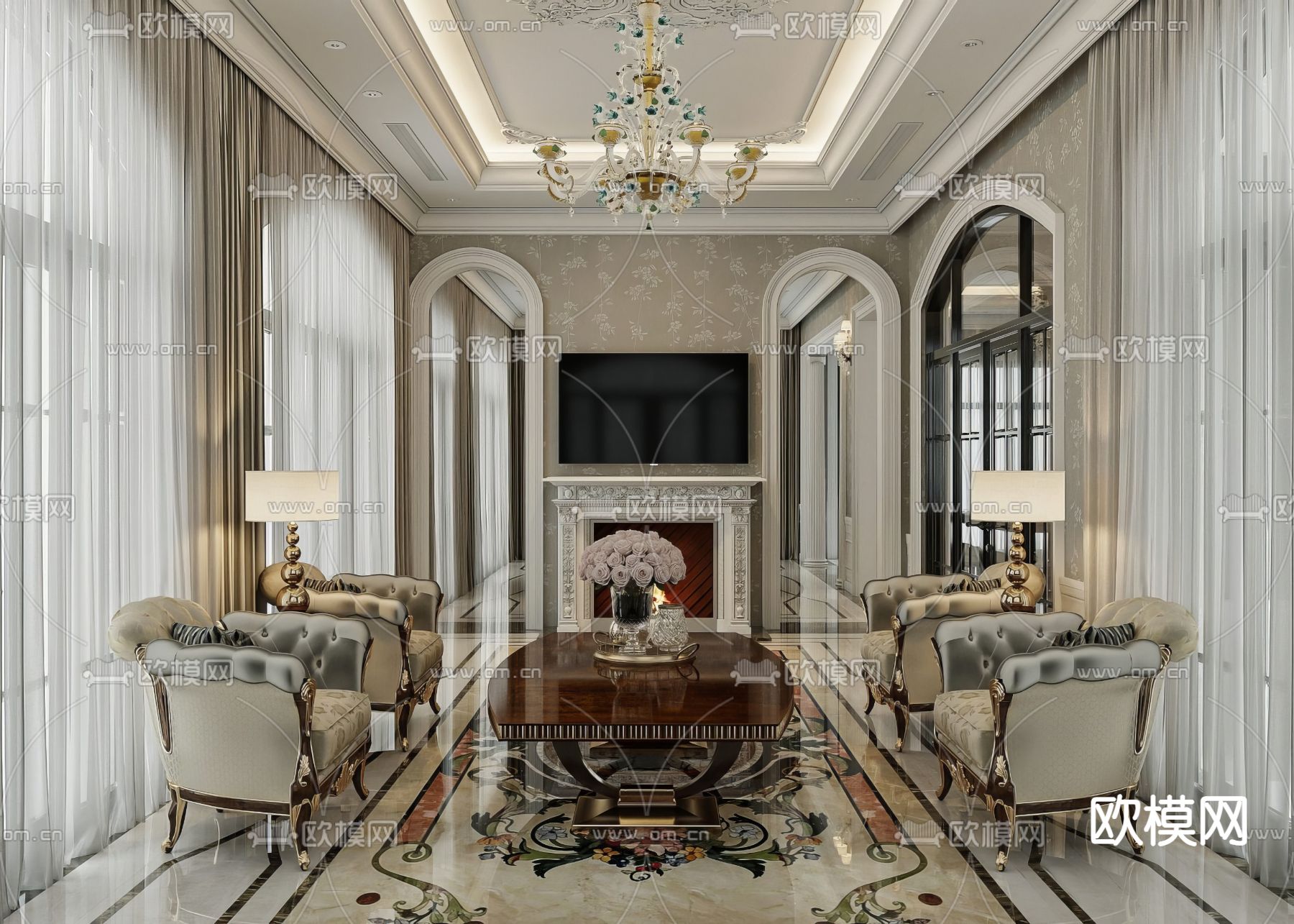 欧式客餐厅3d模型下载（渲染图2）