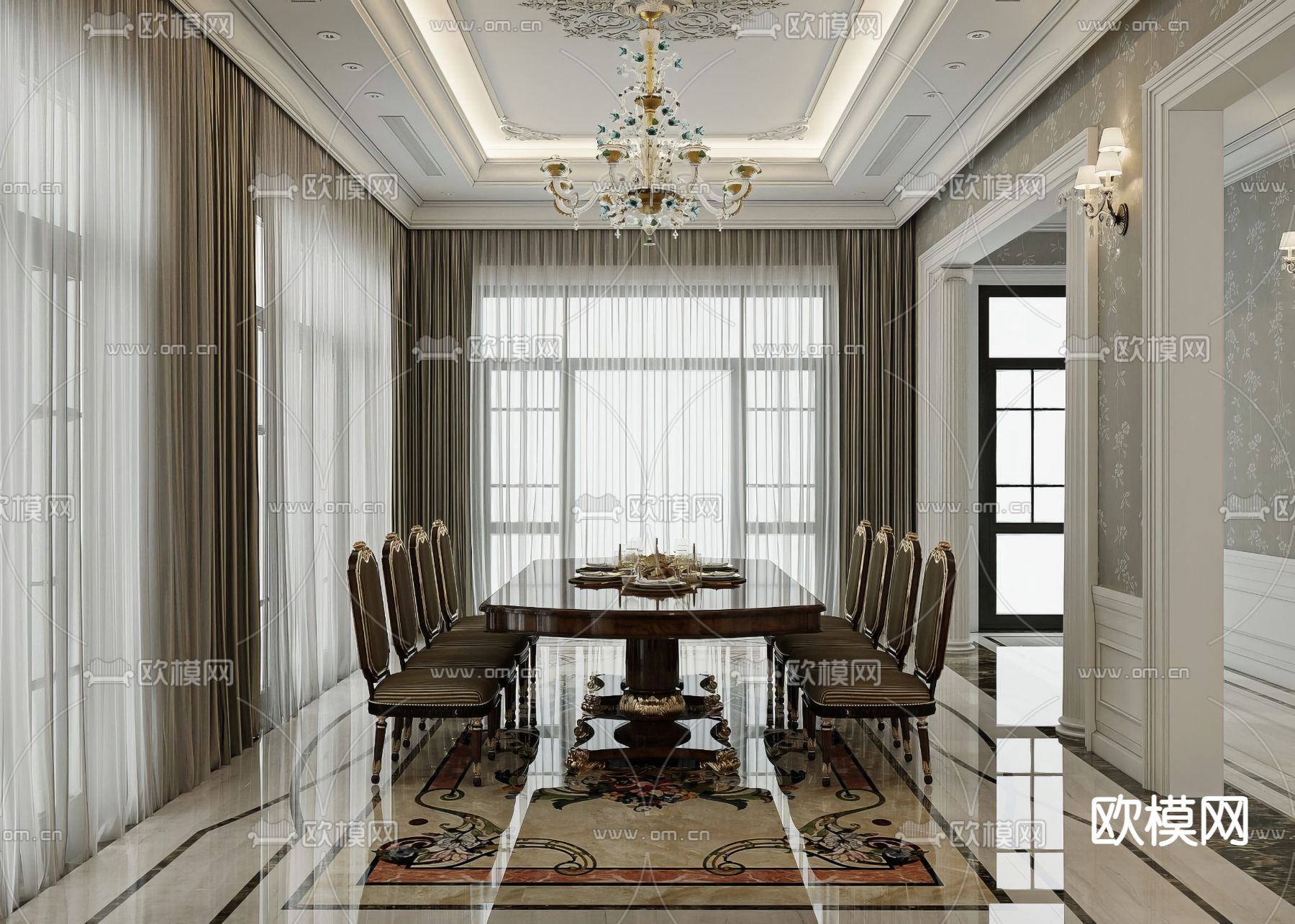 欧式客餐厅3d模型下载（渲染图3）