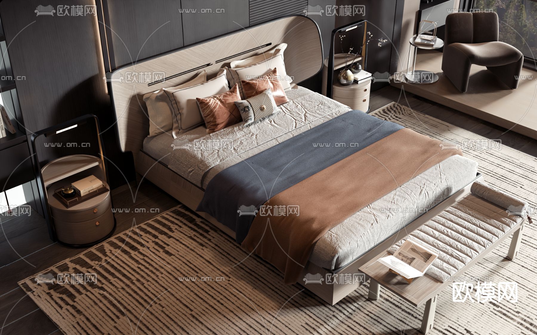 新中式双人床3d模型下载