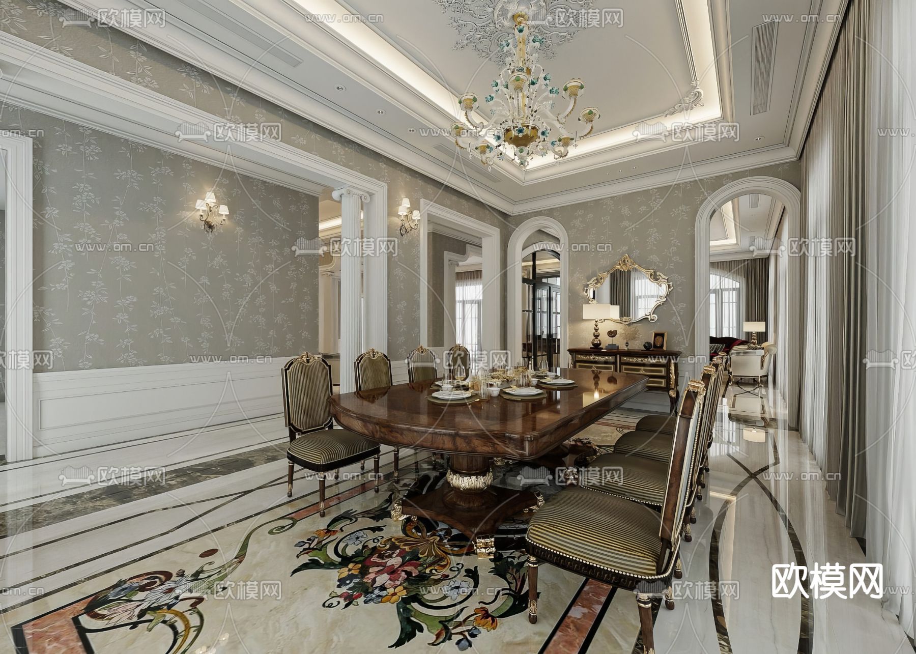 欧式客餐厅3d模型下载（渲染图5）