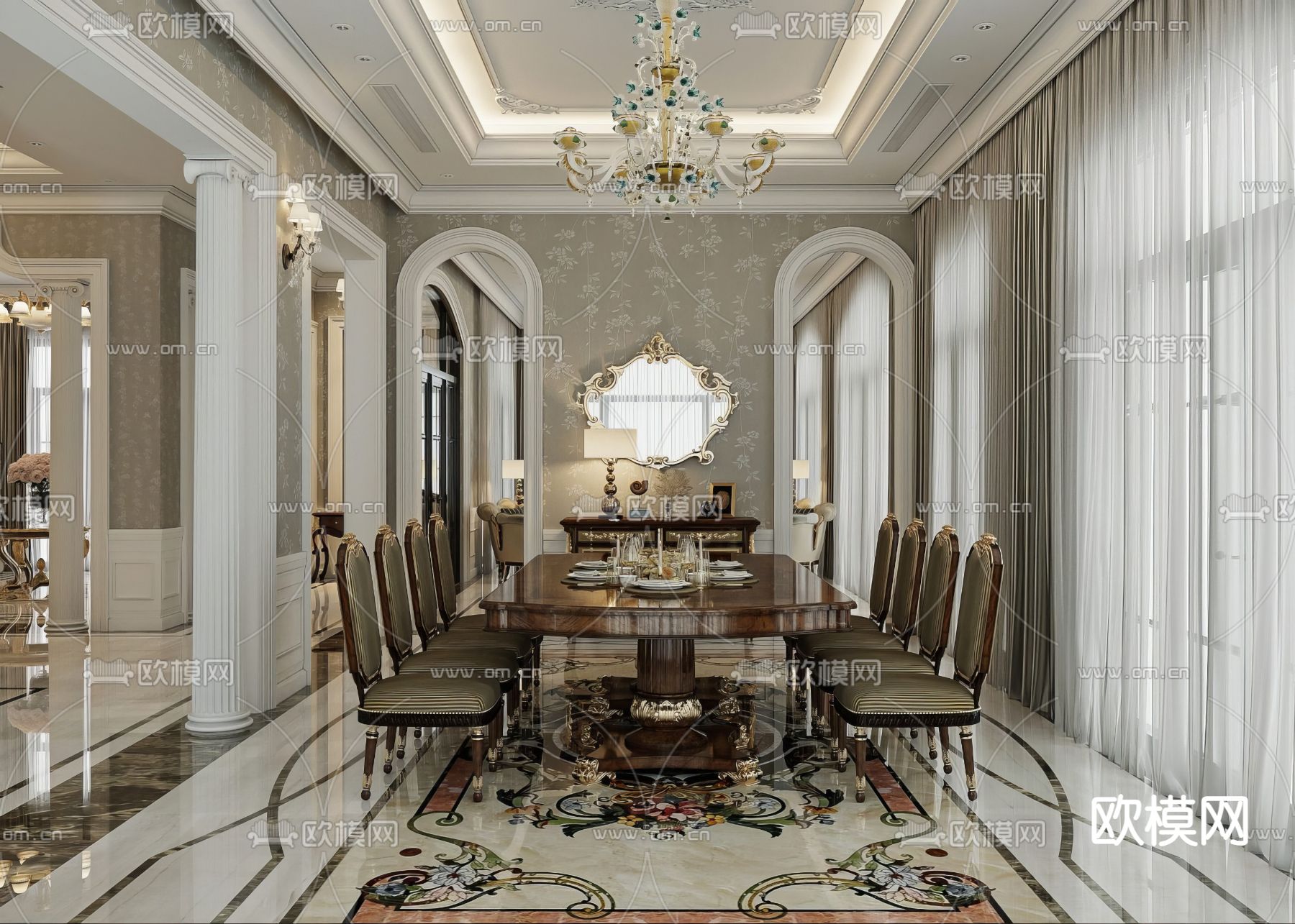欧式客餐厅3d模型下载（渲染图7）