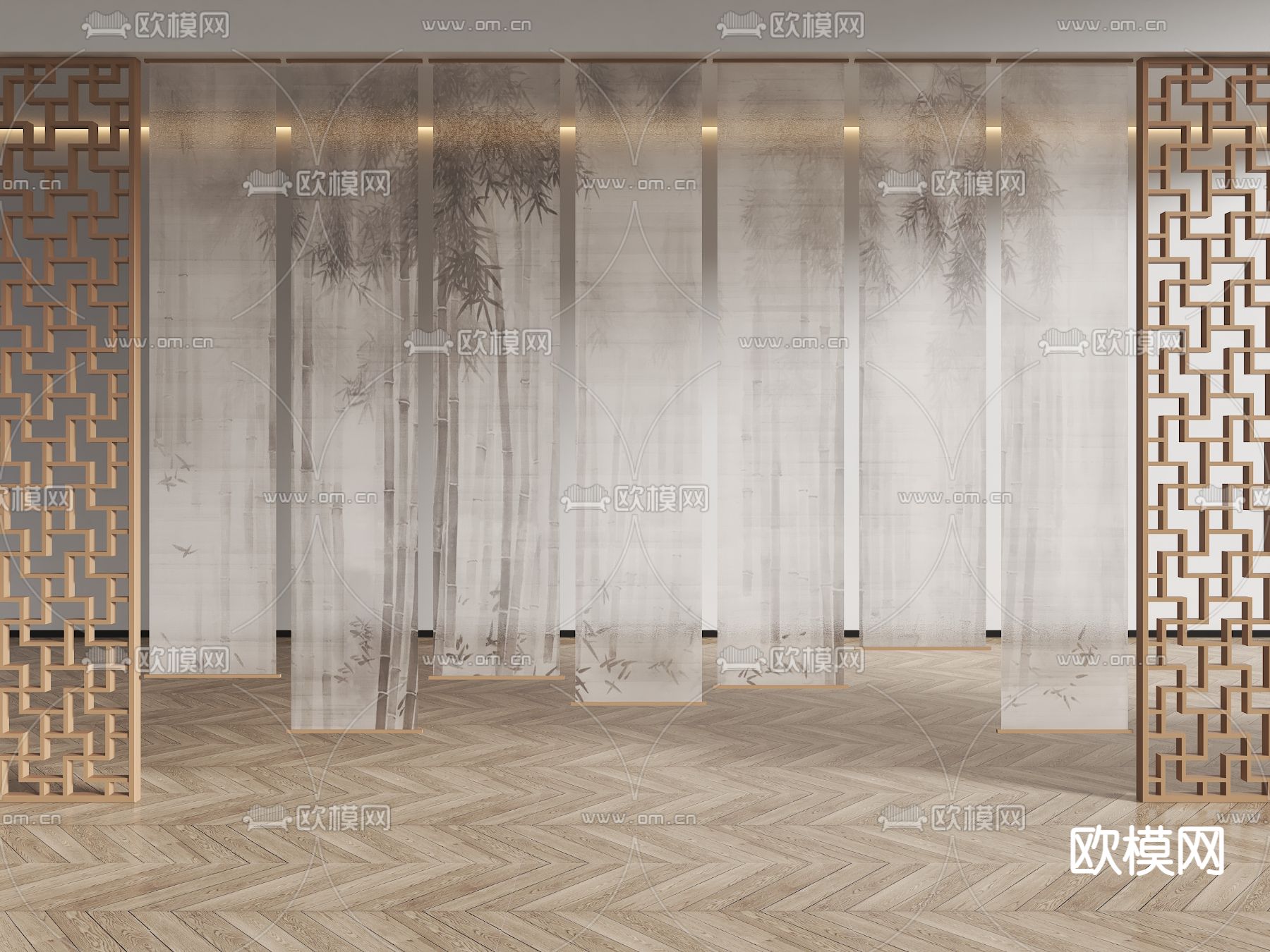 新中式禅意纱帘 卷帘su模型下载（渲染图1）