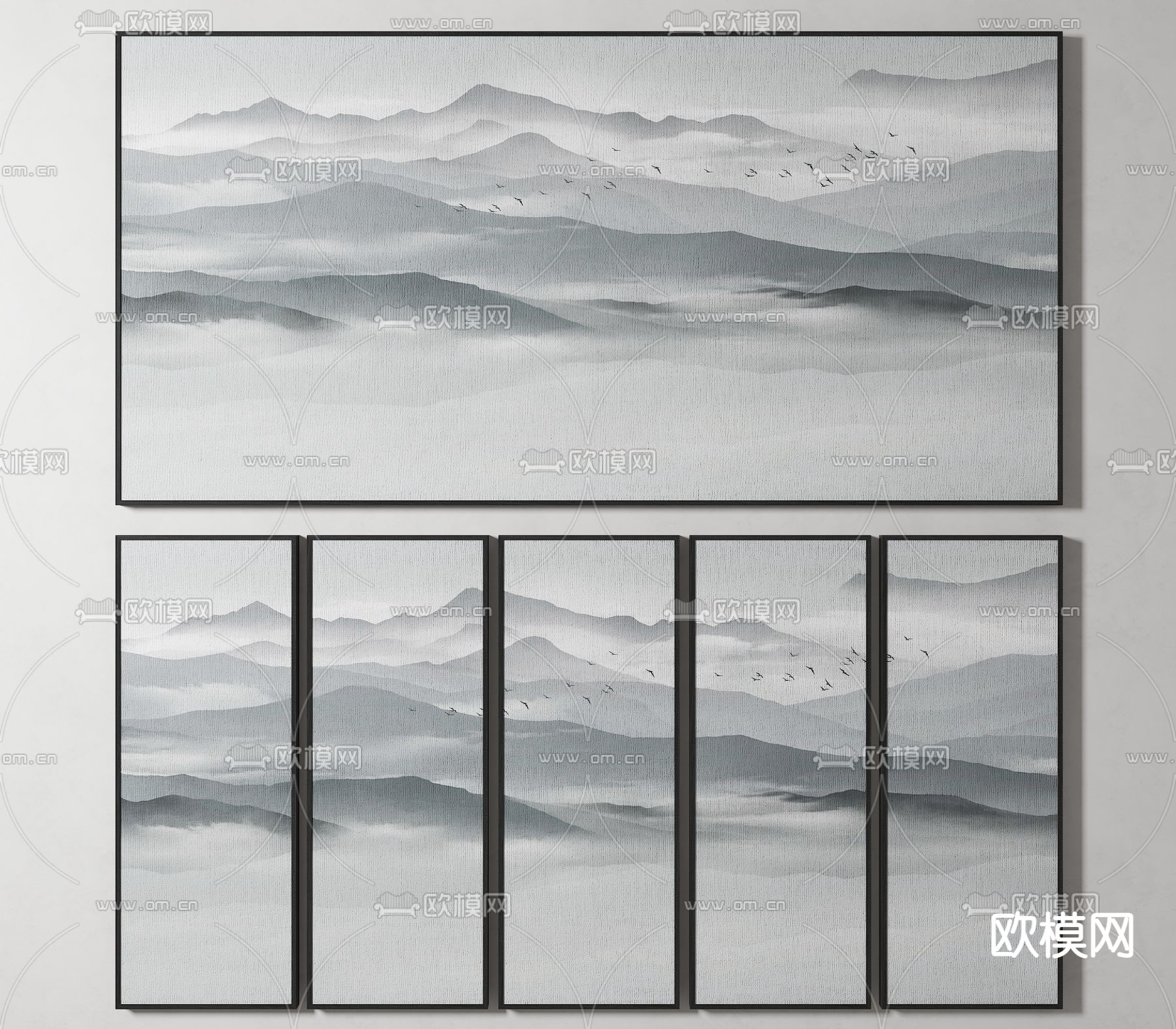 中式山水画 水墨画 装饰画3d模型下载