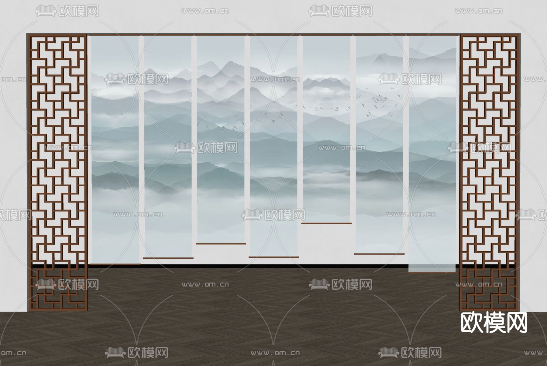 新中式纱帘 卷帘su模型下载（渲染图2）
