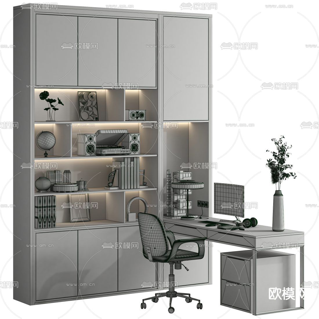 书桌 电脑桌 书柜 书架3d模型下载（渲染图3）