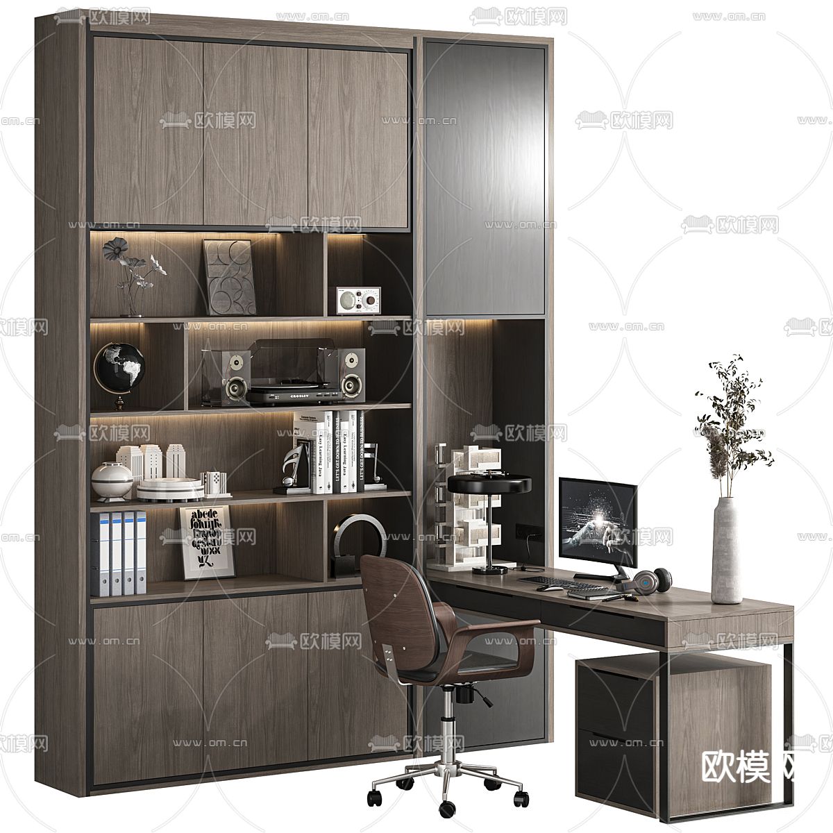 书桌 电脑桌 书柜 书架3d模型下载（渲染图1）