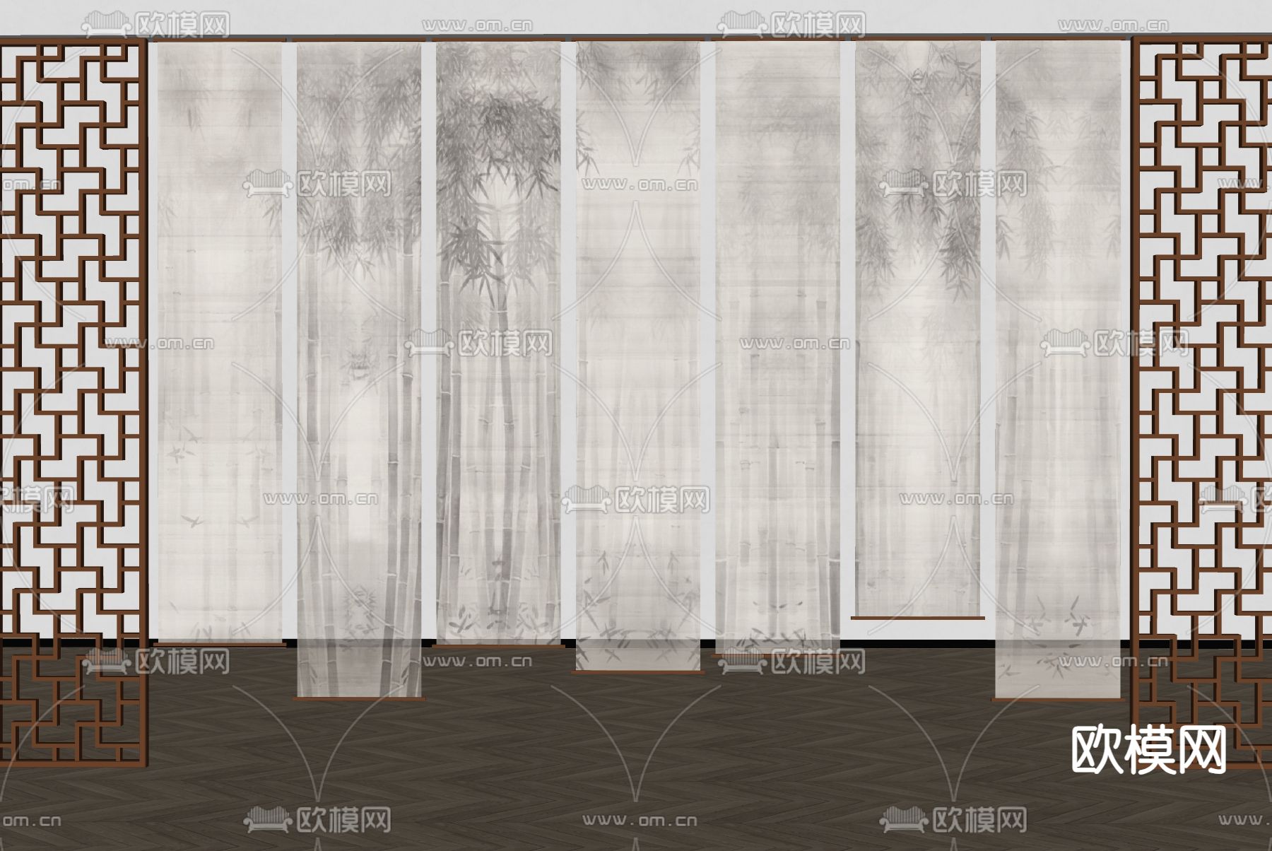 新中式禅意纱帘 卷帘su模型下载（渲染图2）