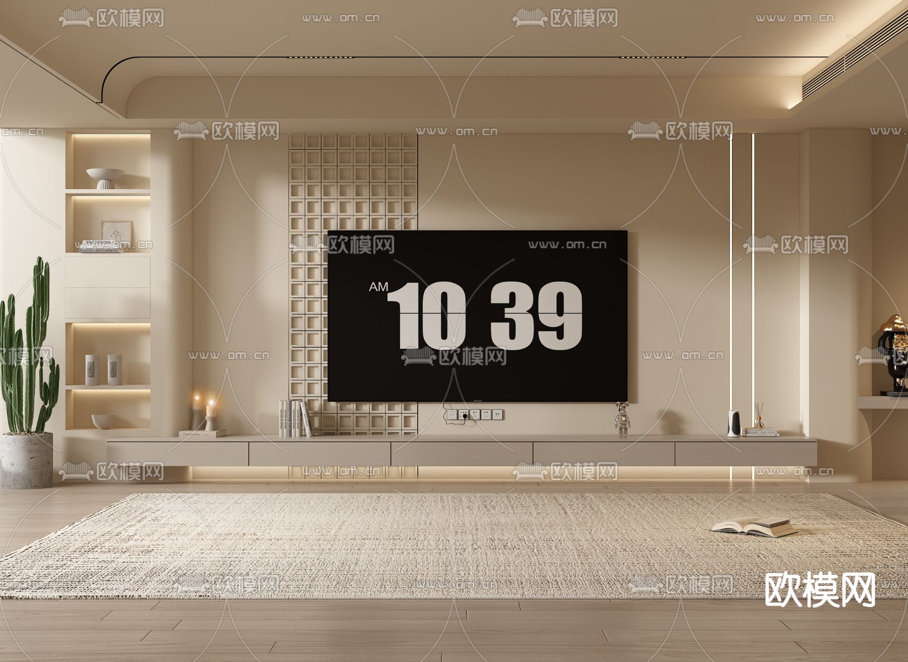 奶油风电视背景墙su模型