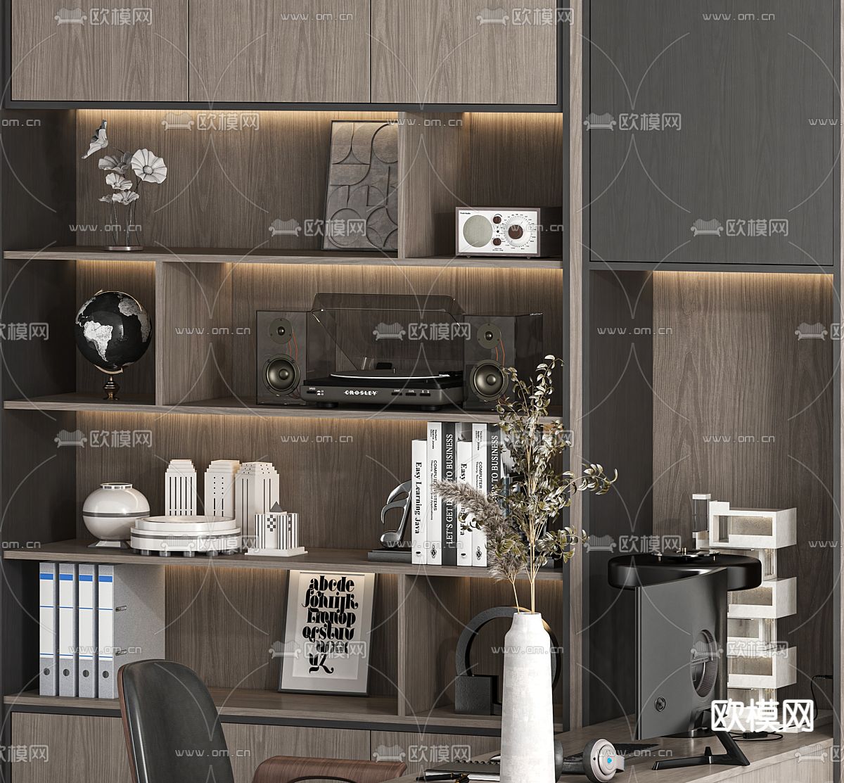 书桌 电脑桌 书柜 书架3d模型下载（渲染图2）