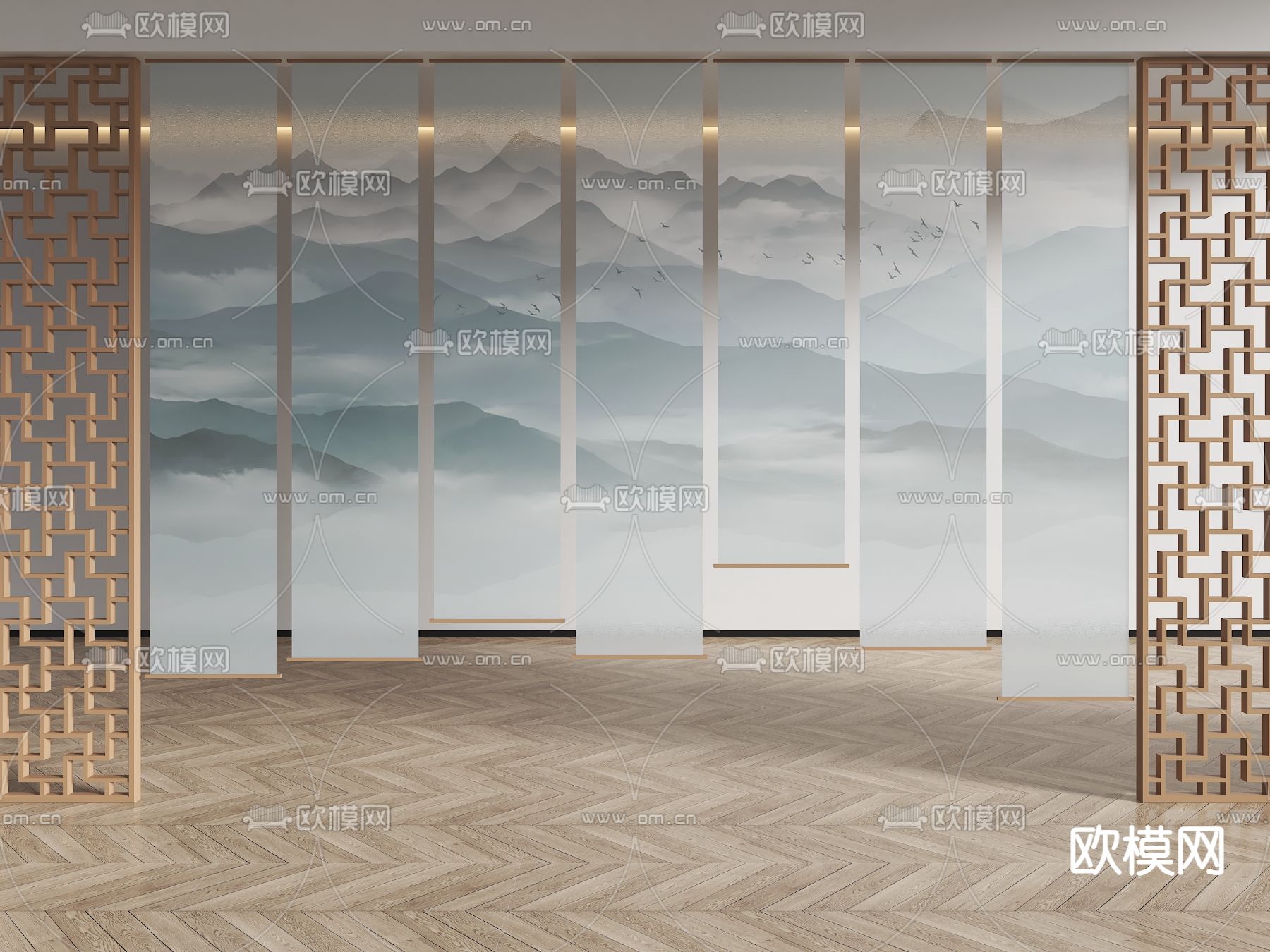 新中式纱帘 卷帘su模型下载（渲染图1）