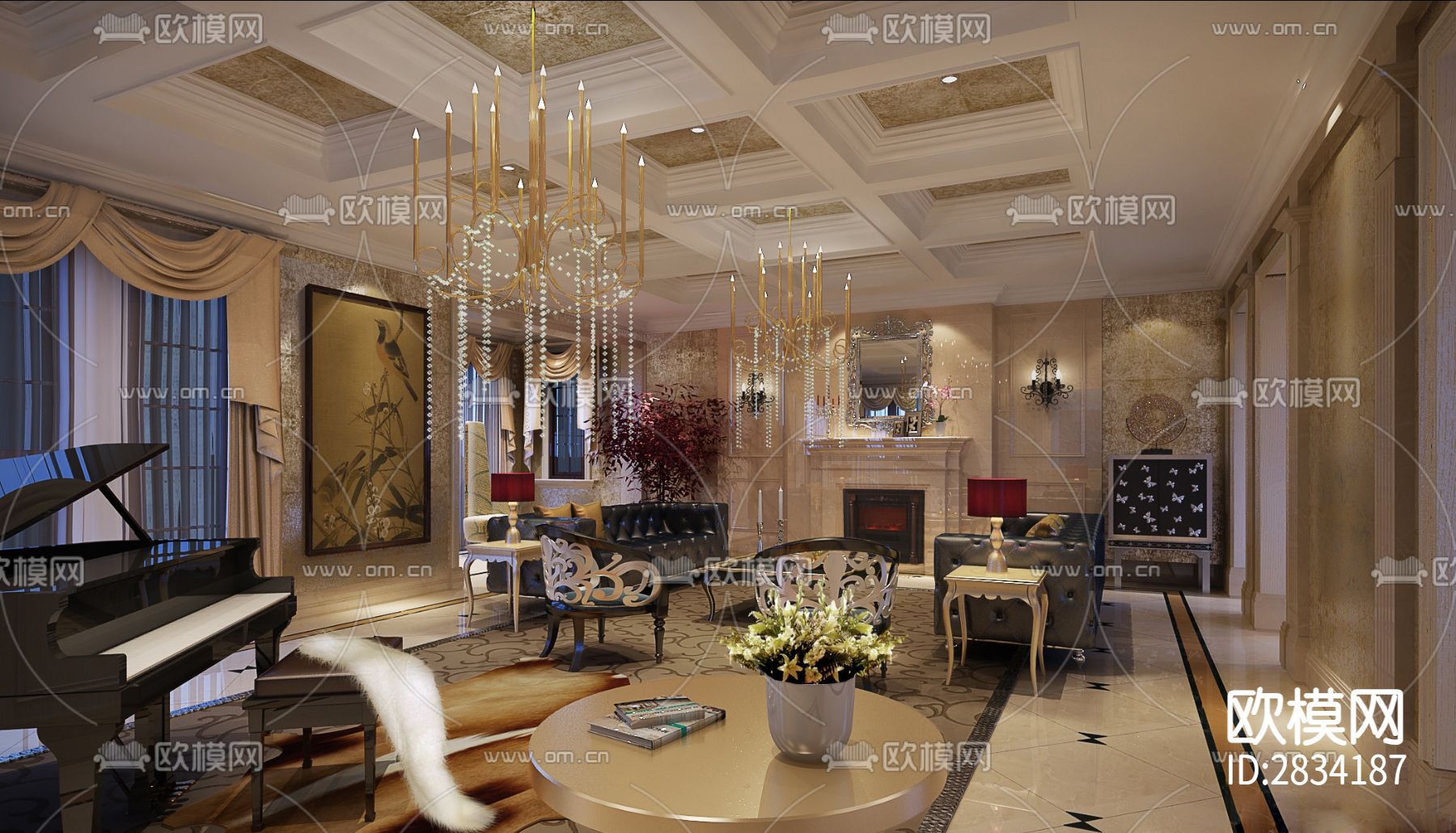 现代时尚简约别墅样板房室内cad施工图下载（渲染图1）