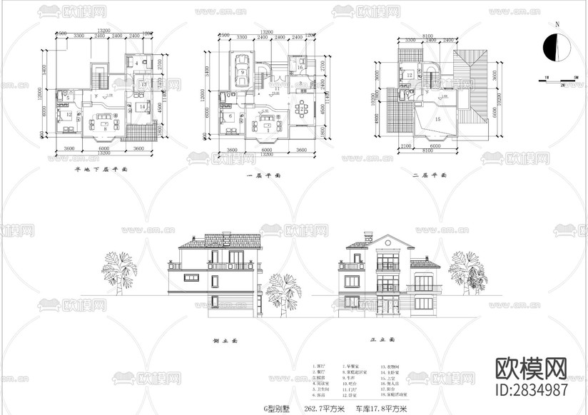 十三套200-300平獨立別墅建筑cad施工圖下載(渲染圖8)
