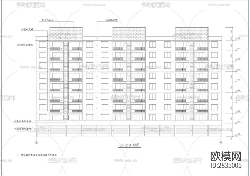 七層住宅樓建筑cad施工圖下載(渲染圖1)