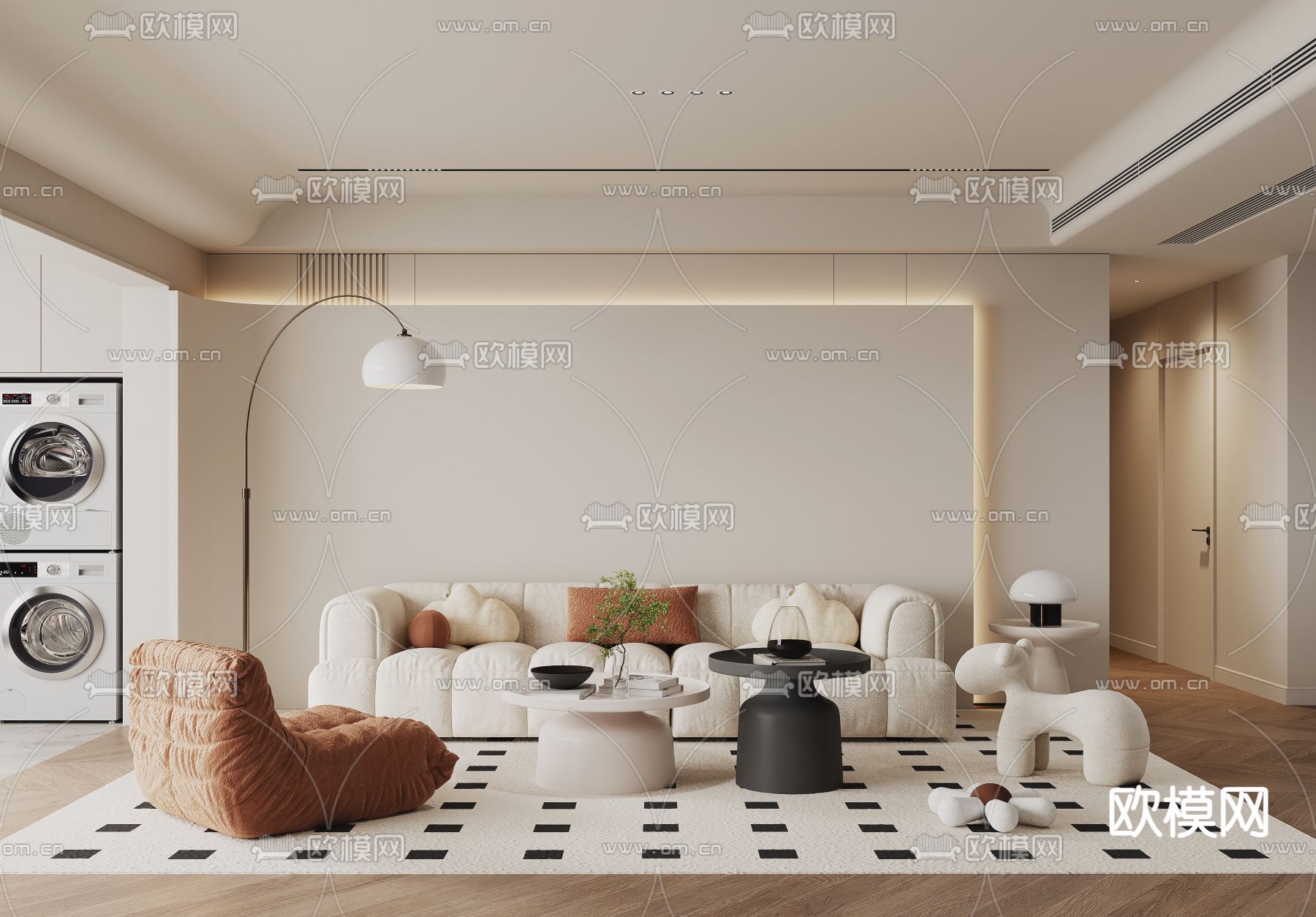 奶油风客厅3d模型下载