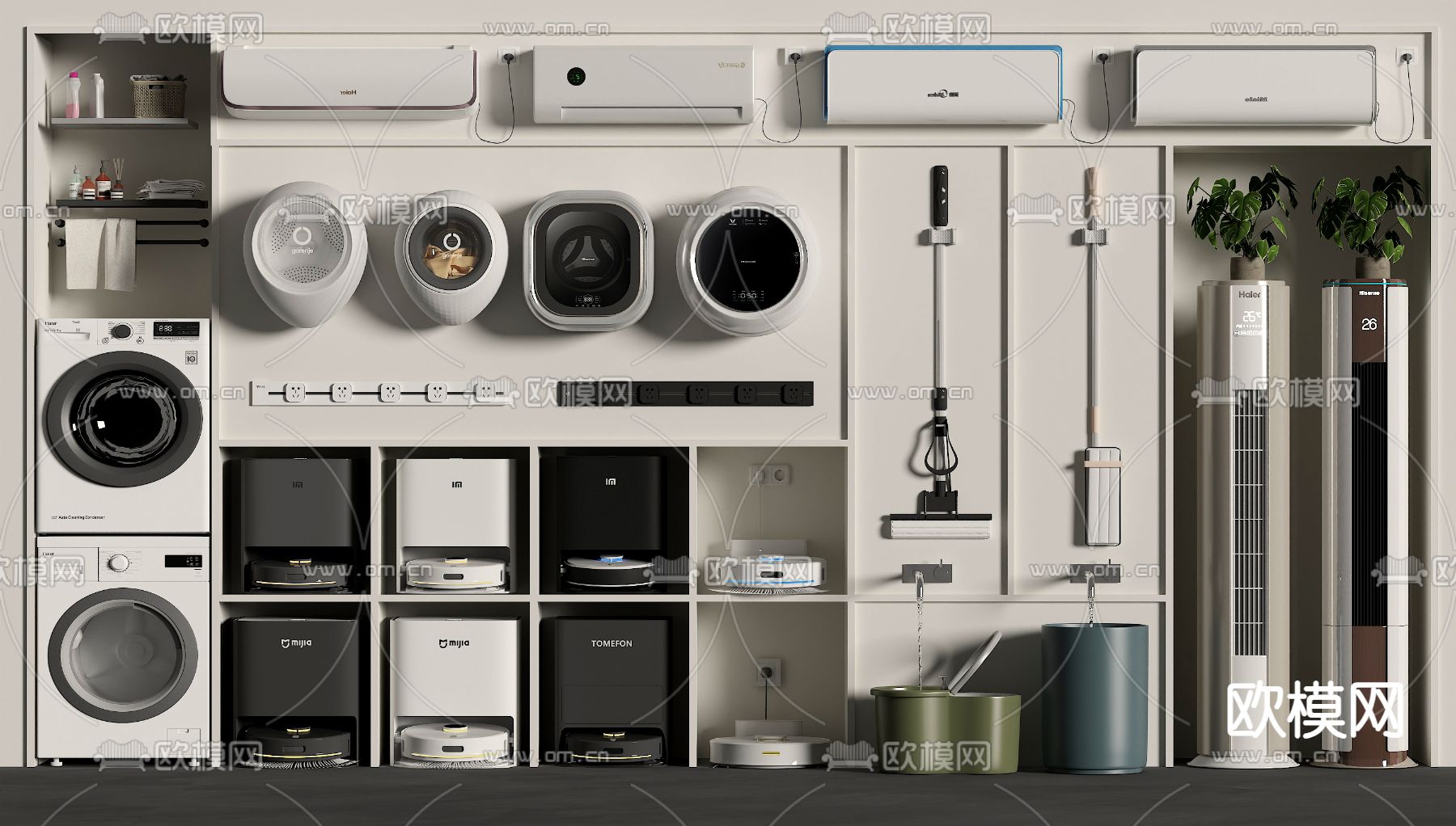 扫地机器人 洗衣机 扫把 拖把池 空调3d模型下载（渲染图1）