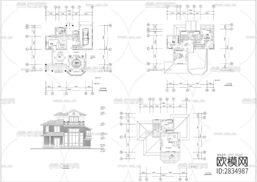 十三套200-300平獨立別墅建筑cad施工圖下載(渲染圖2)