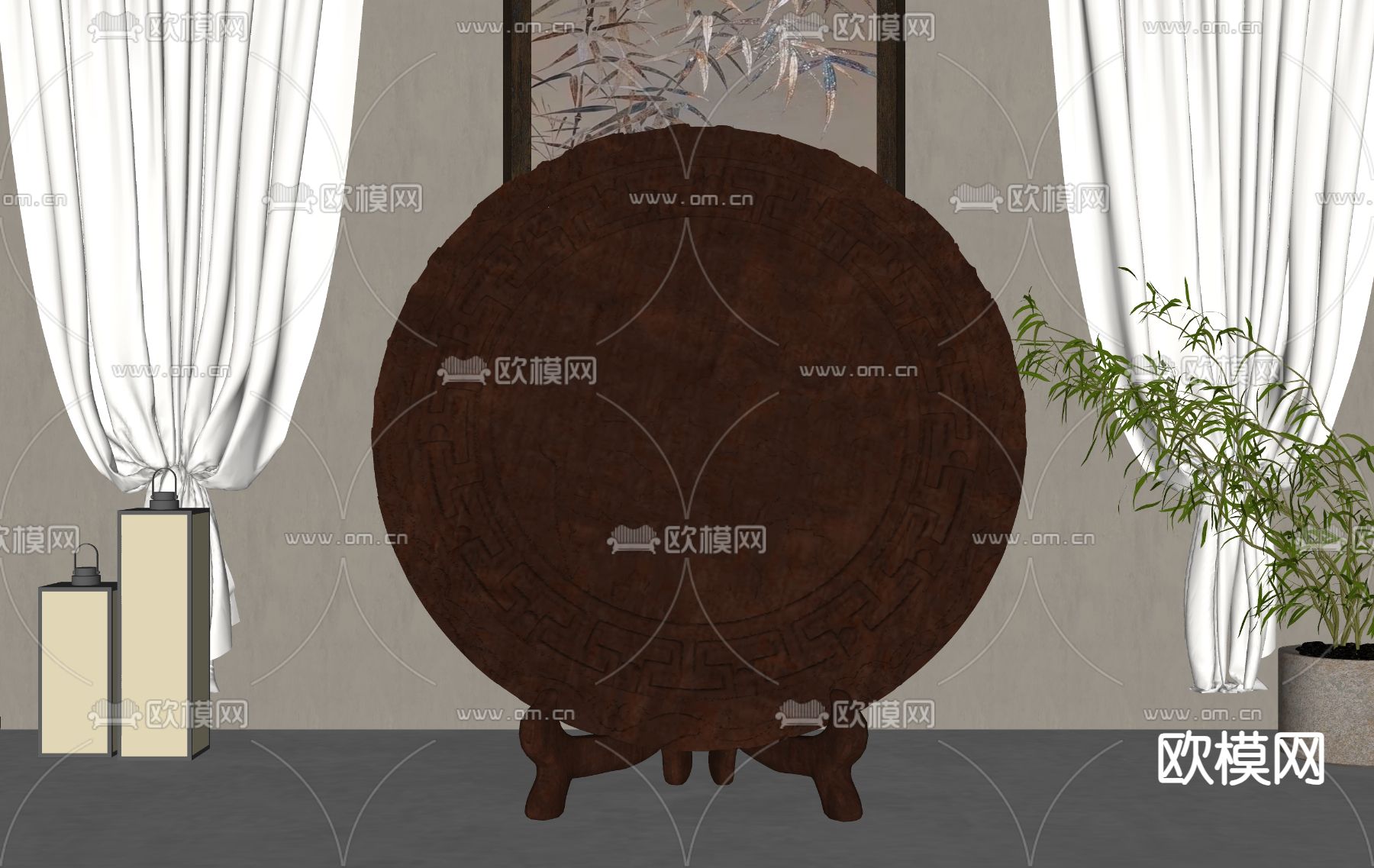 中式雕塑摆件su模型下载（渲染图2）