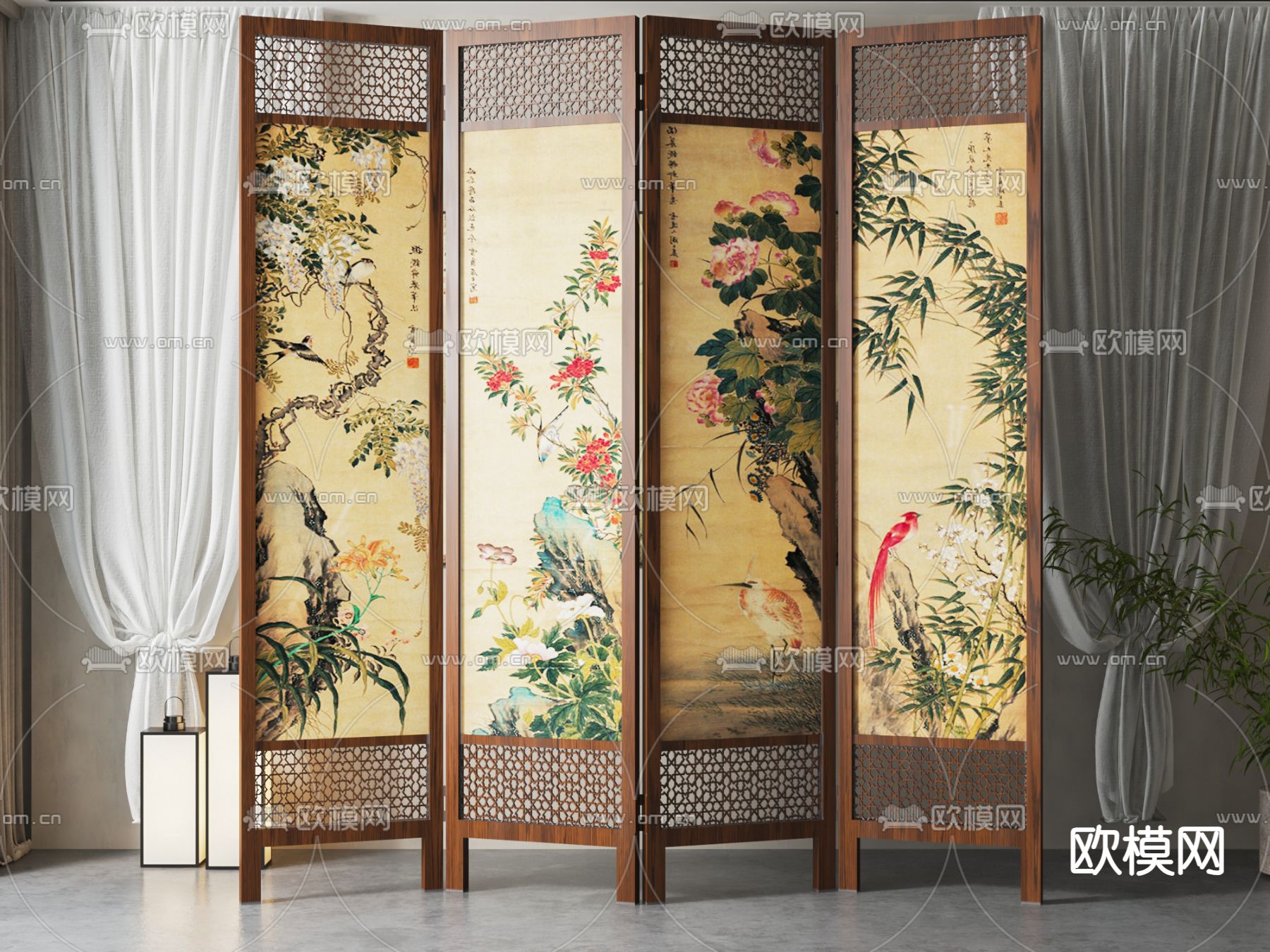中式屏风 隔断su模型下载（渲染图1）