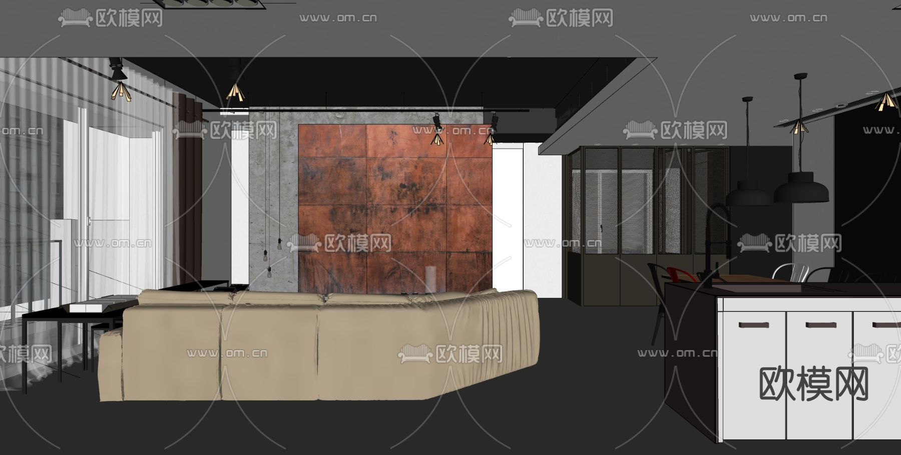工业风客餐厅su模型下载（渲染图3）