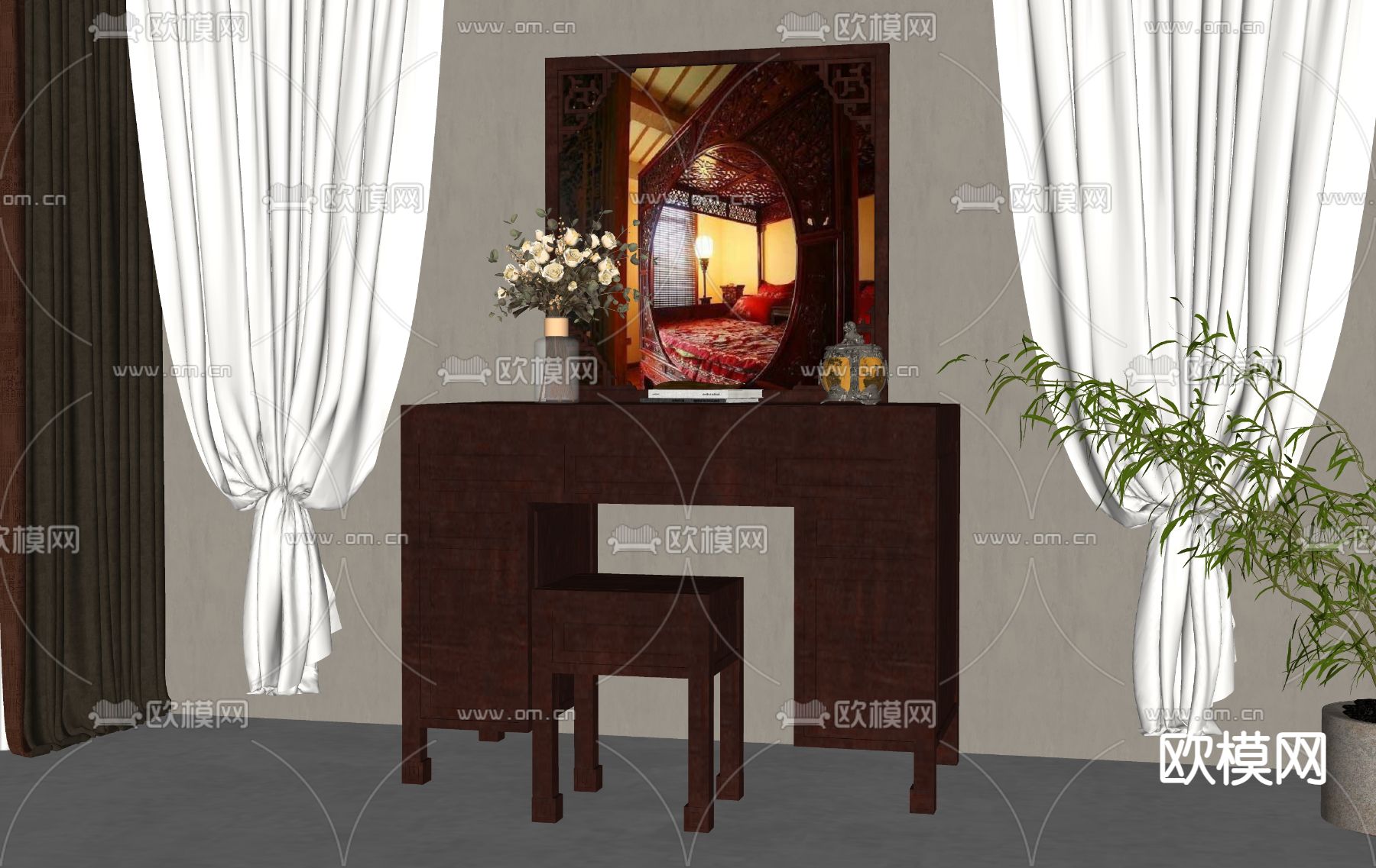 新中式梳妆台su模型下载（渲染图2）