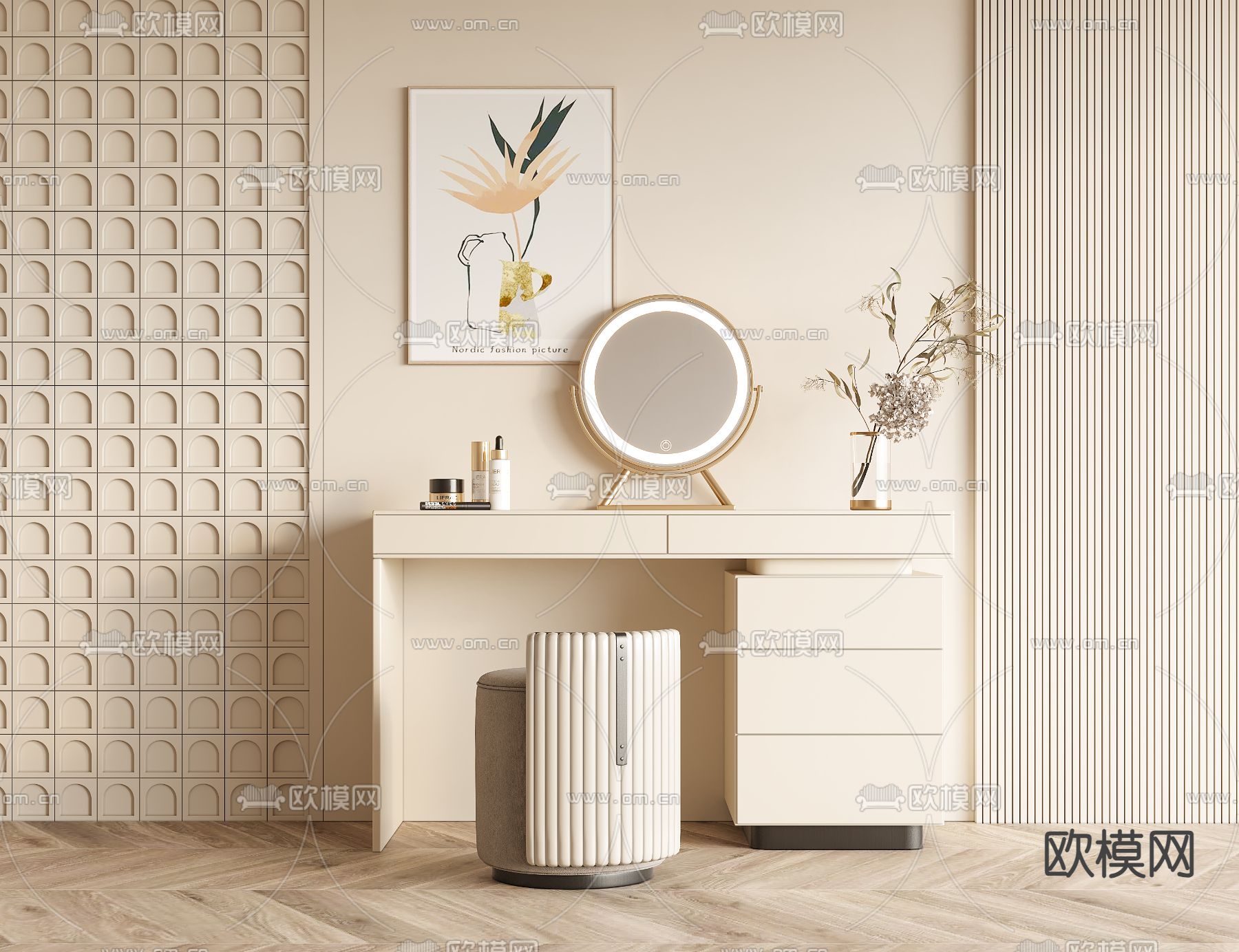 奶油风梳妆台su模型下载（渲染图1）