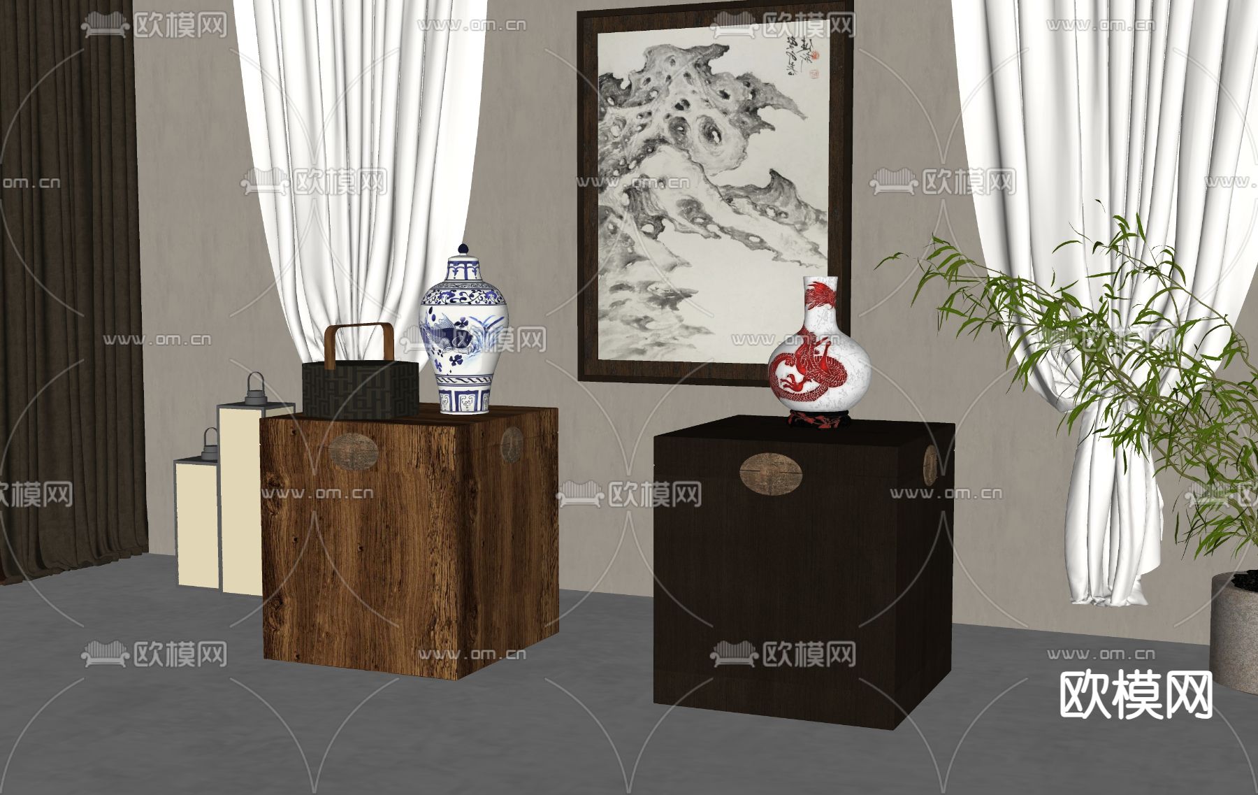 中式床头柜su模型下载（渲染图2）