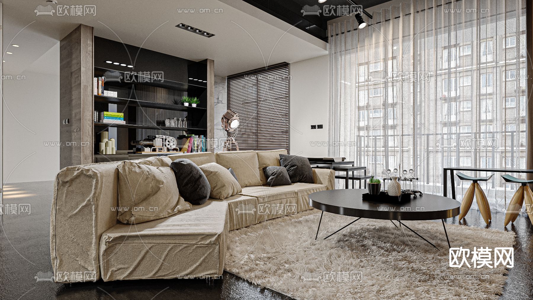 工业风客餐厅su模型下载（渲染图1）