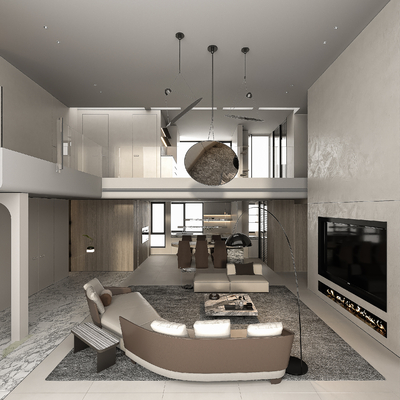  侘寂风别墅客餐厅su模型 