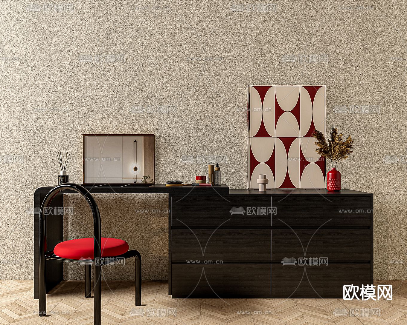 现代梳妆台su模型下载（渲染图1）