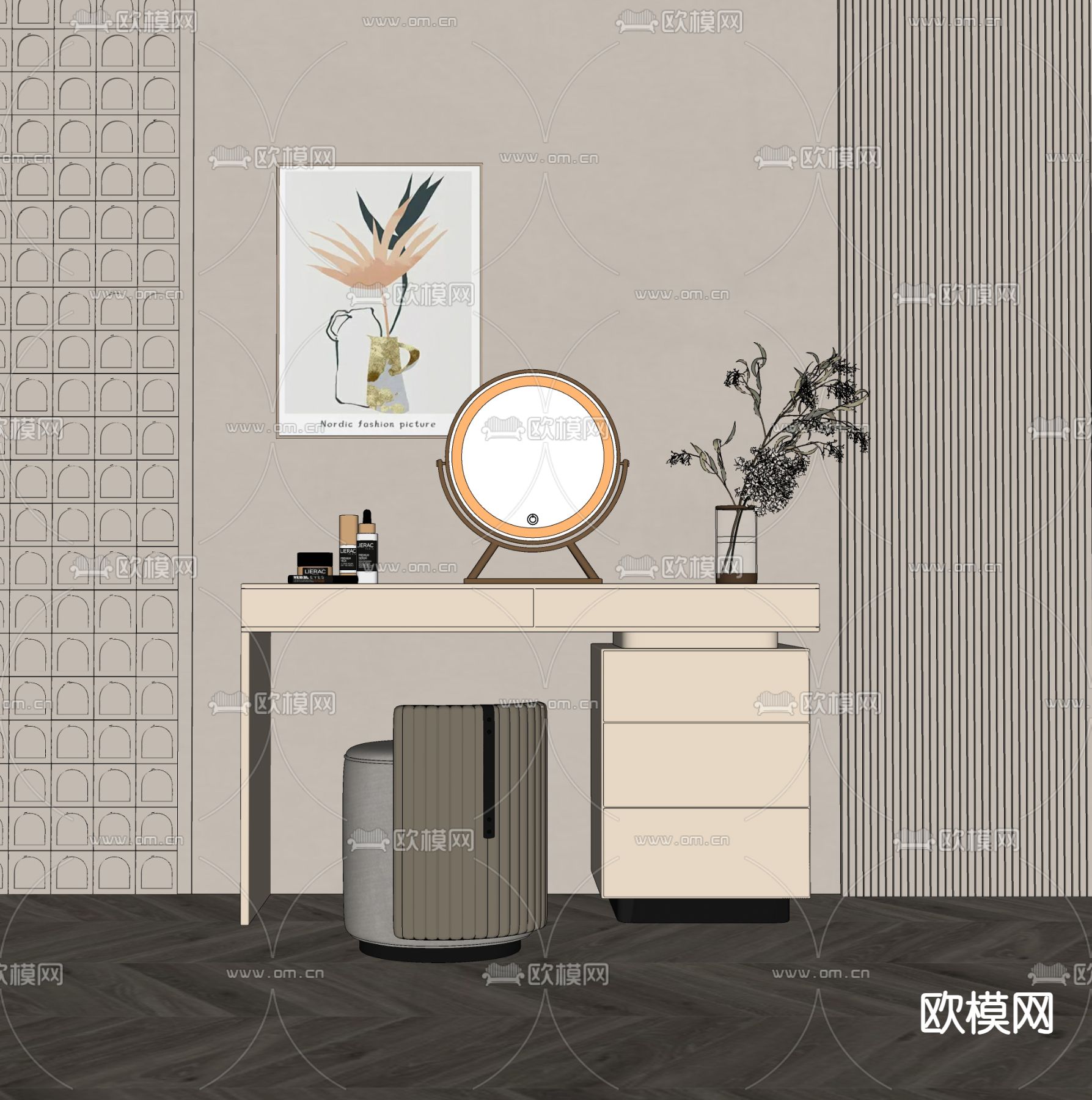 奶油风梳妆台su模型下载（渲染图2）