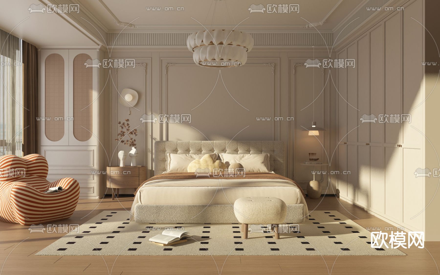 奶油风卧室 主人房3d模型下载