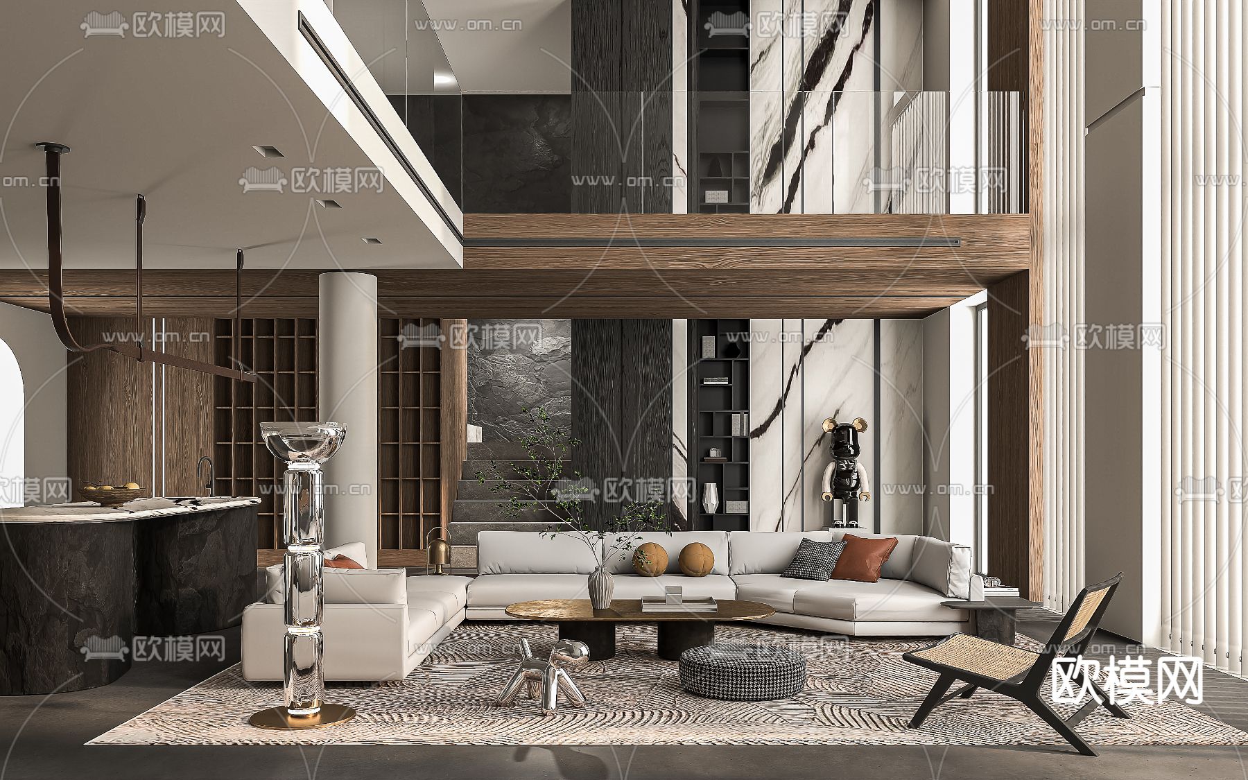 现代别墅客厅  挑空客厅su模型下载（渲染图1）