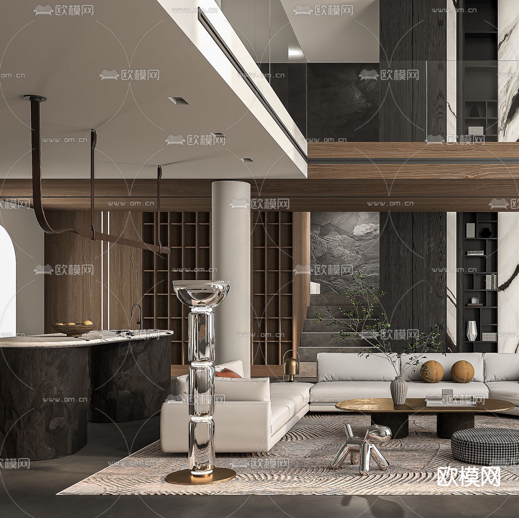 现代别墅客厅  挑空客厅su模型下载（渲染图3）