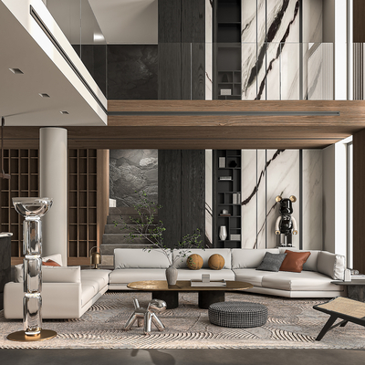  现代别墅客厅  挑空客厅su模型 