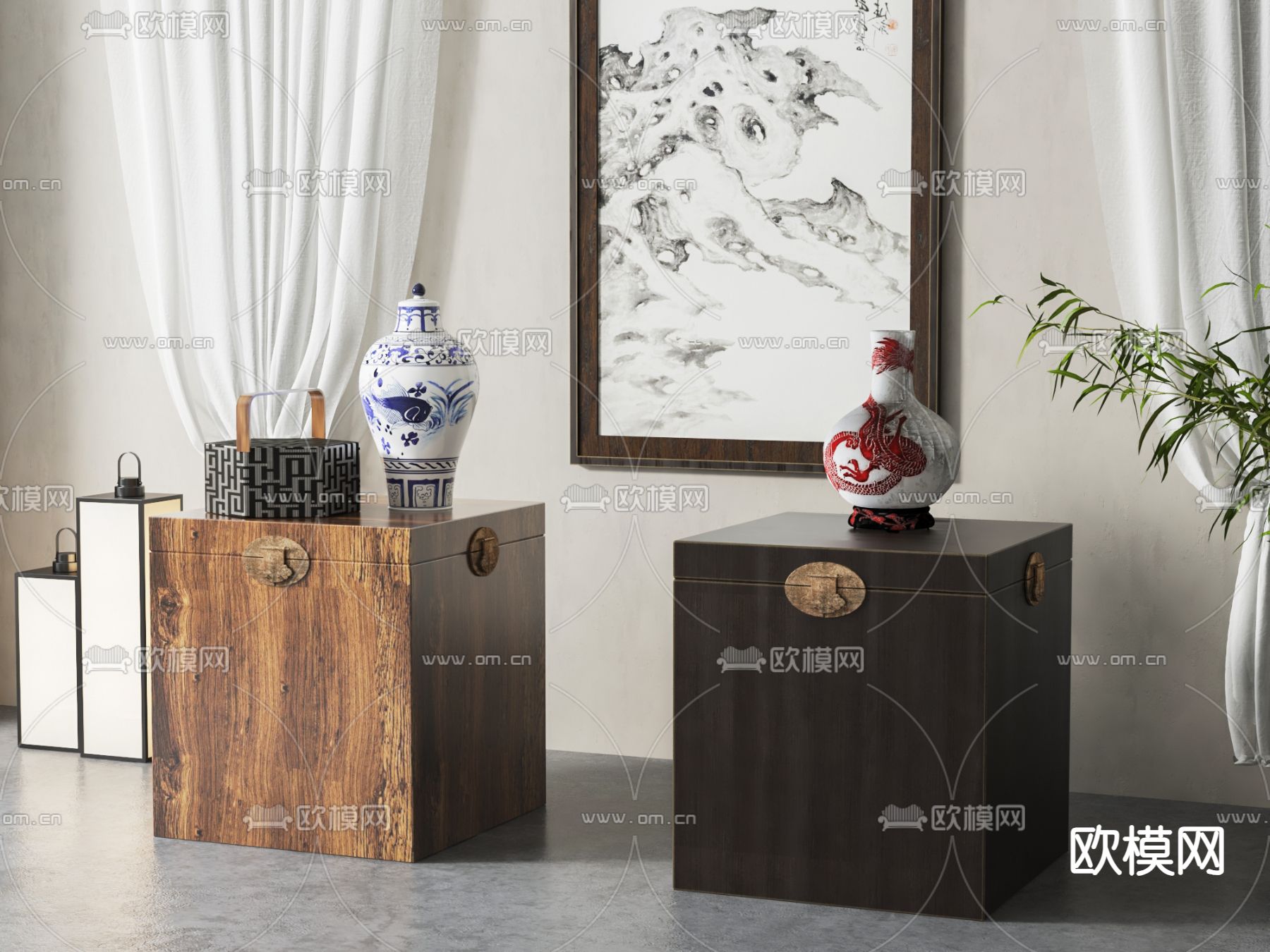 中式床头柜su模型下载（渲染图1）