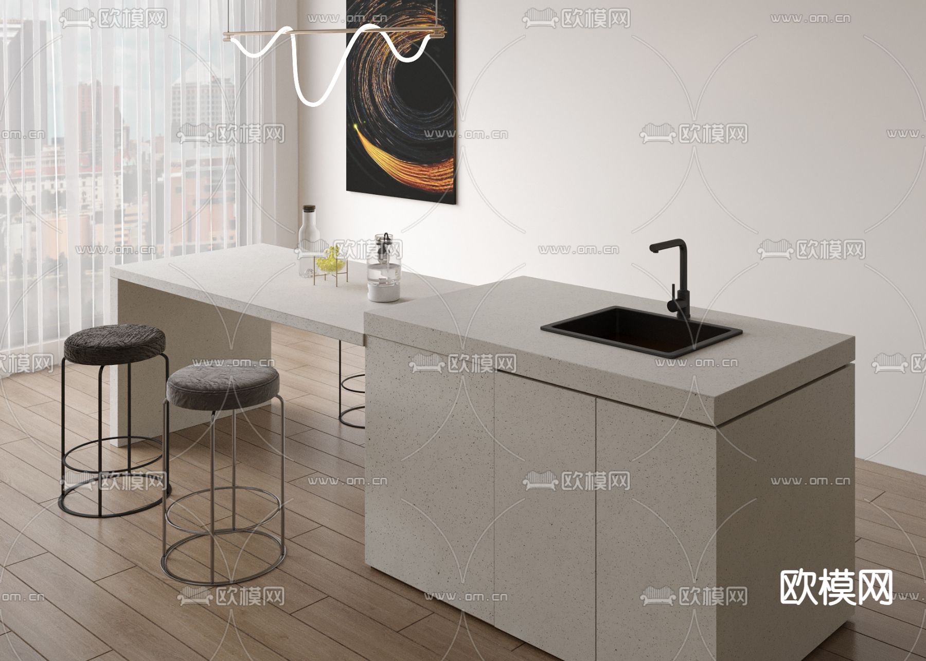 现代吧台 中岛台3d模型下载