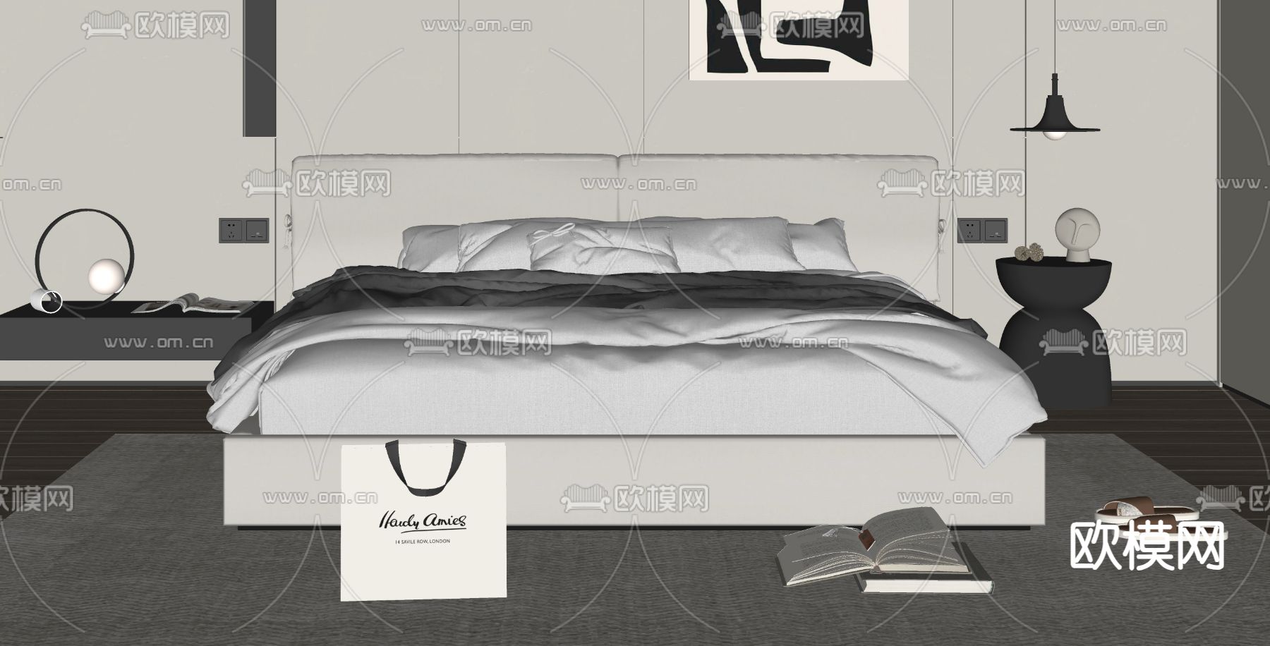 现代双人床su模型下载（渲染图2）