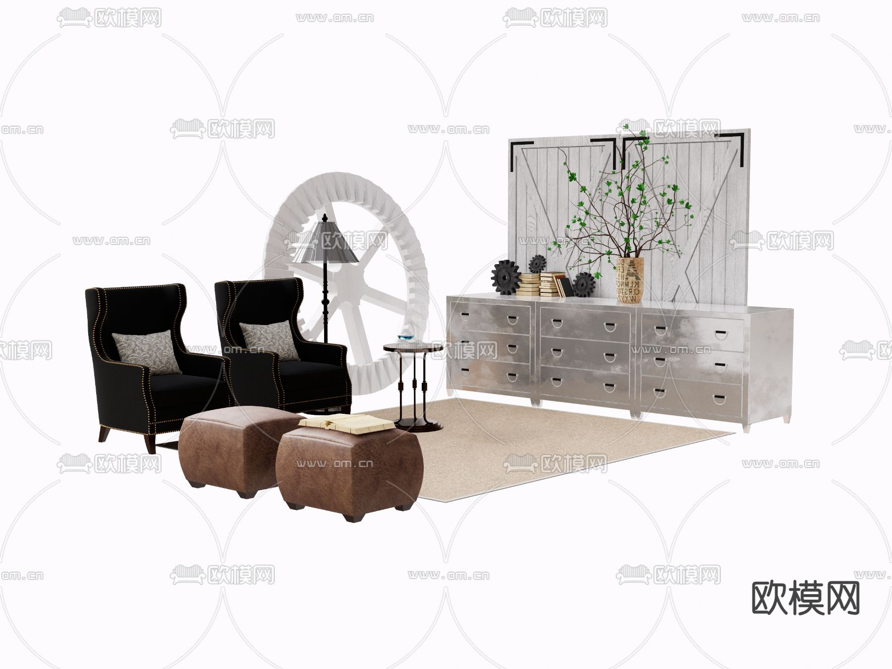 工业风边柜 斗柜su模型下载（渲染图1）