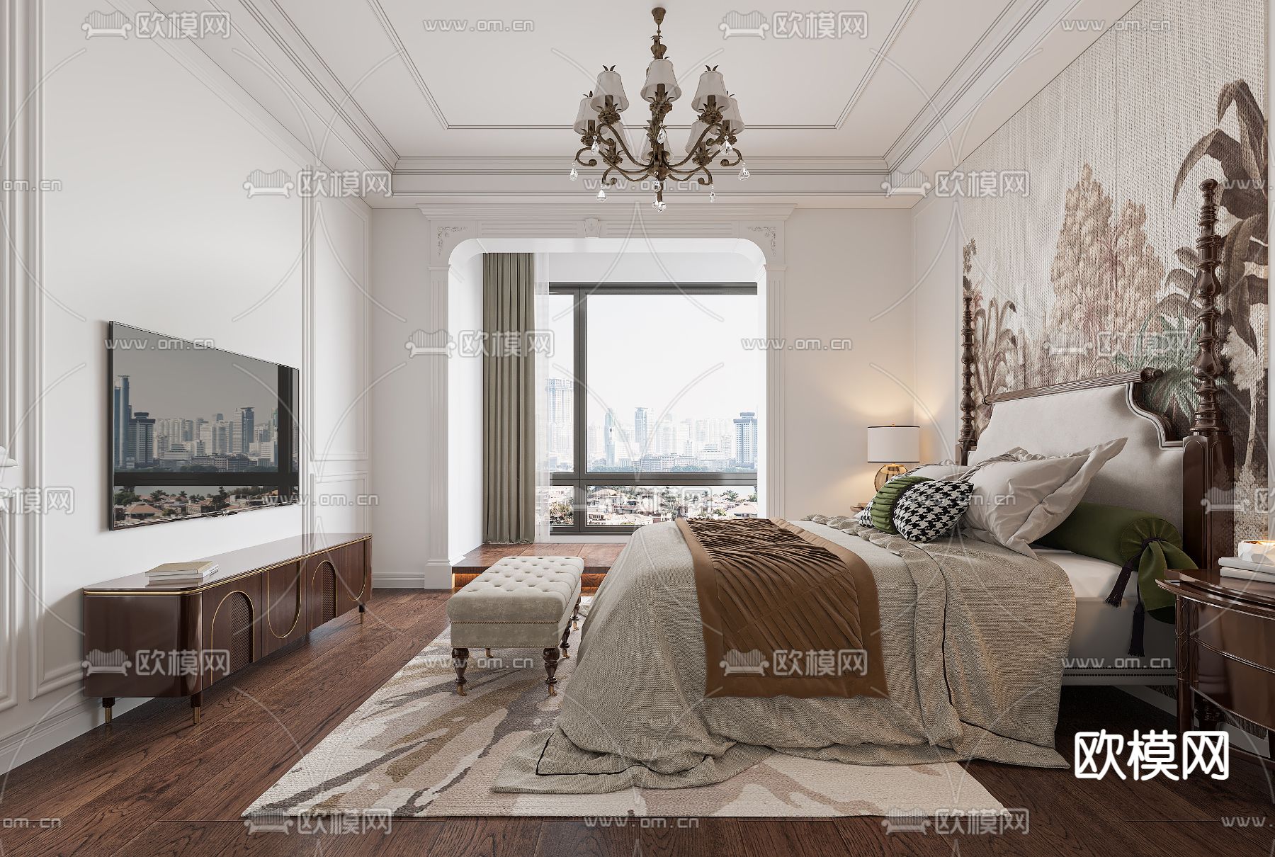 美式卧室 主人房3d模型下载（渲染图1）