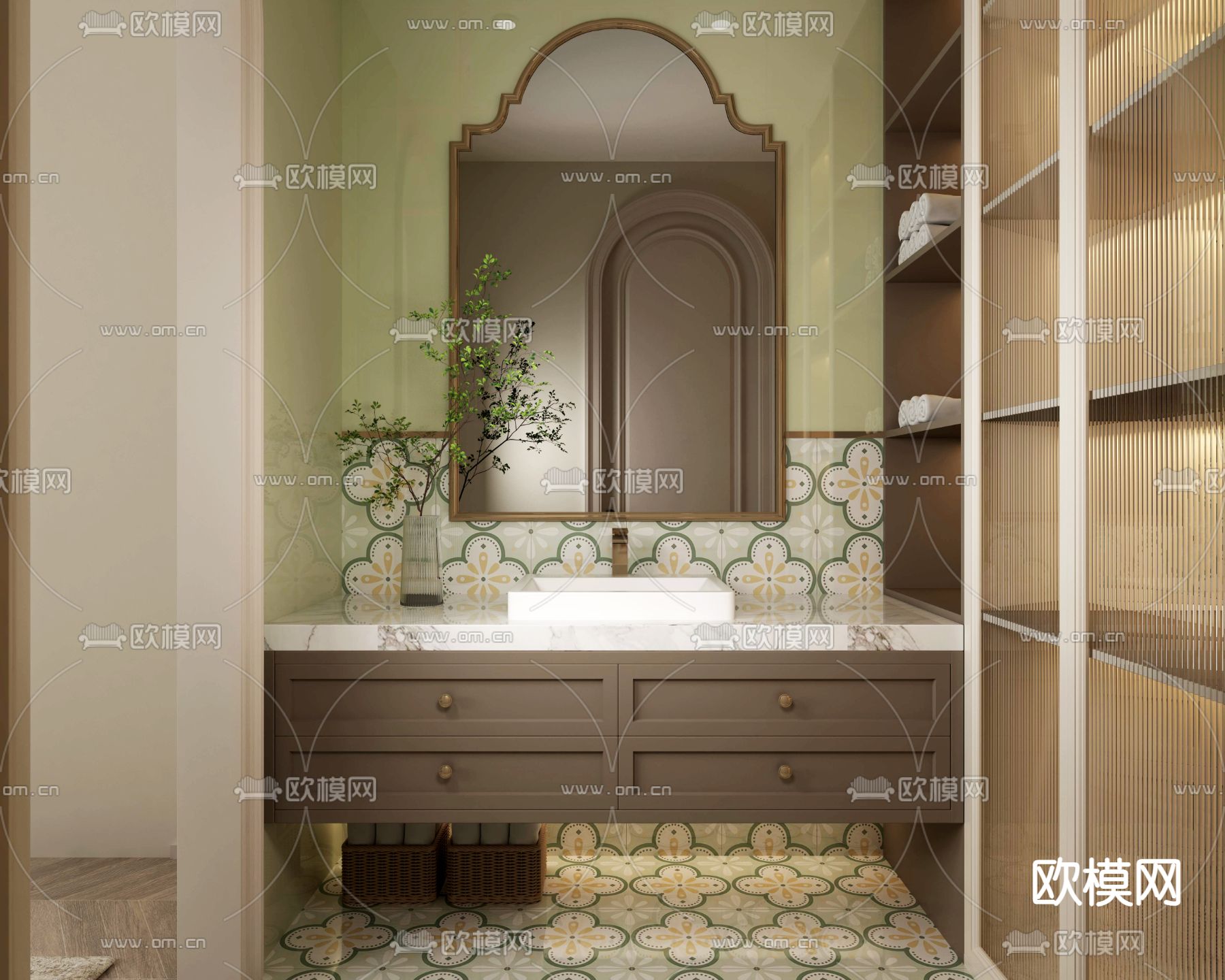 美式洗手台 浴室柜su模型下载（渲染图1）