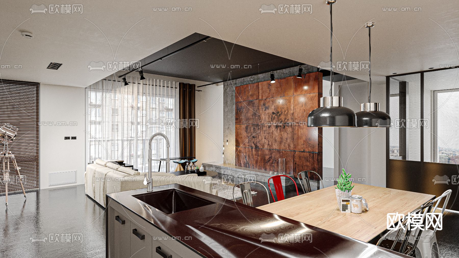 工业风客餐厅su模型下载（渲染图2）