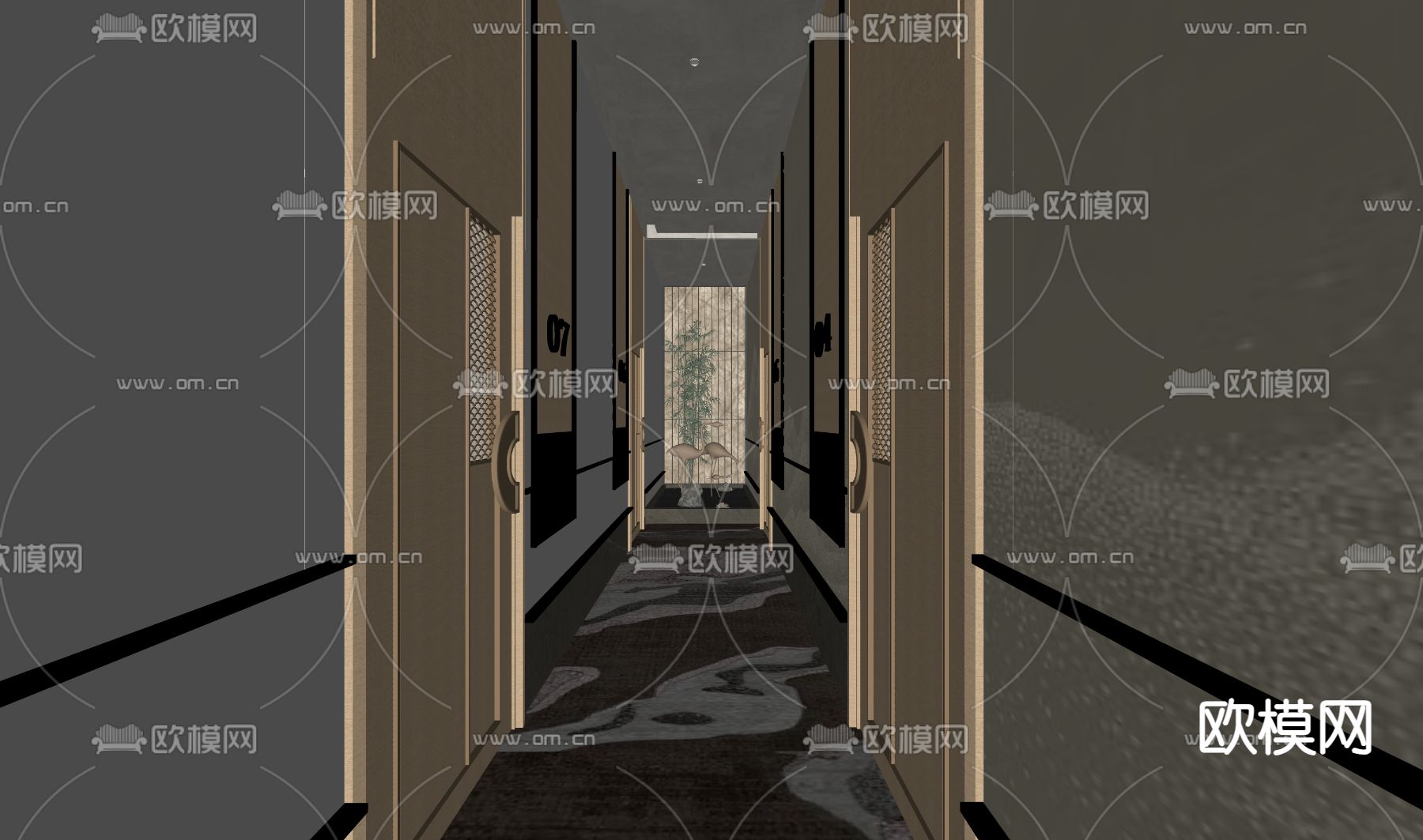 新中式走廊 过道景观su模型下载（渲染图2）