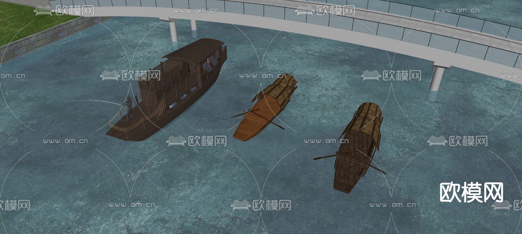 中式船 游船 手摇船 乌篷船su模型下载（渲染图2）