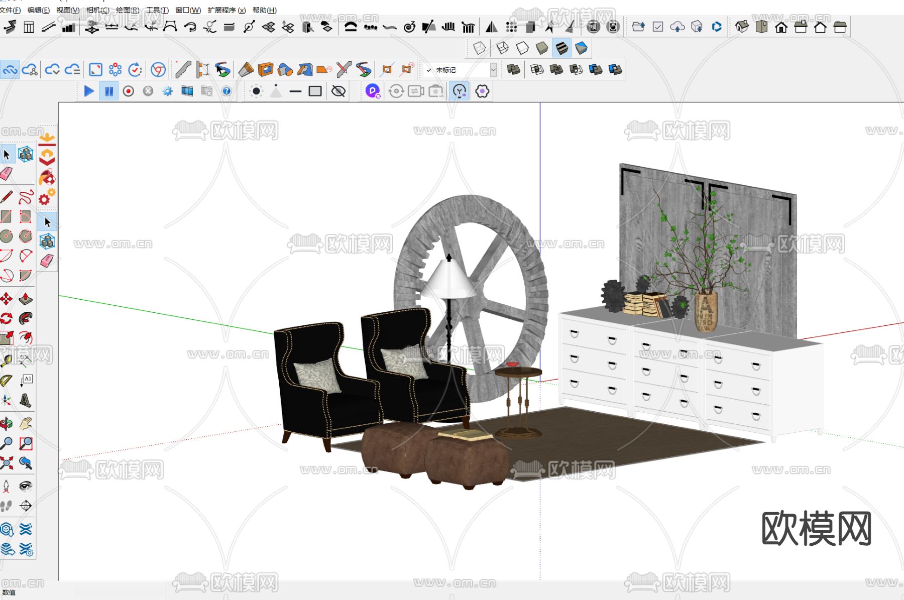 工业风边柜 斗柜su模型下载（渲染图2）