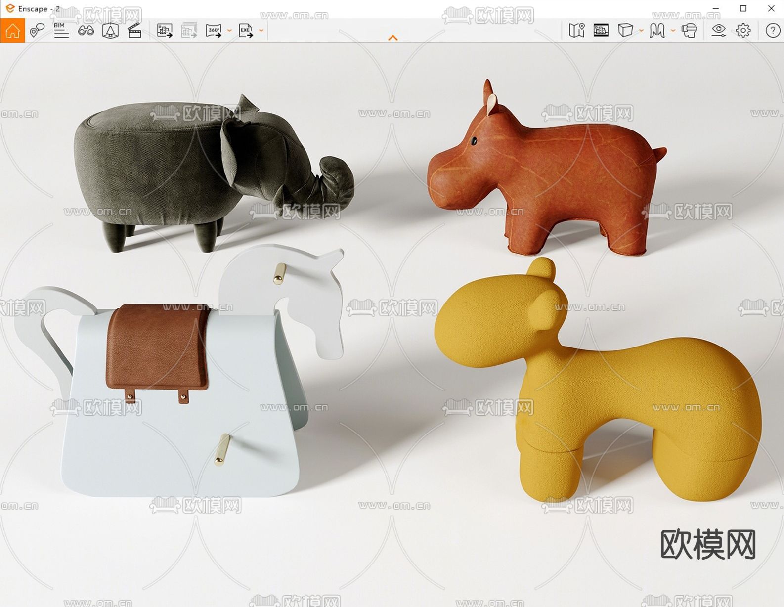 卡通大象 马 儿童凳子su模型下载（渲染图2）